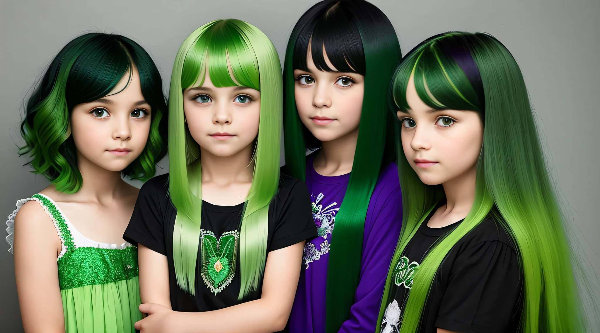 3 girlsRussian children with , WITH LONG STRAIGHT HAIR, PORTRAIT STYLE, a closeup with green hair and a black shirt, green hair, bright green hair, green wavy hair, dark green hair, short green hair, green mane, green and black hair, long green hair, disheveled short green hair, dyed hair, green highlights, dyed hair, flowing green hair, green and purple hair, short green bobcut