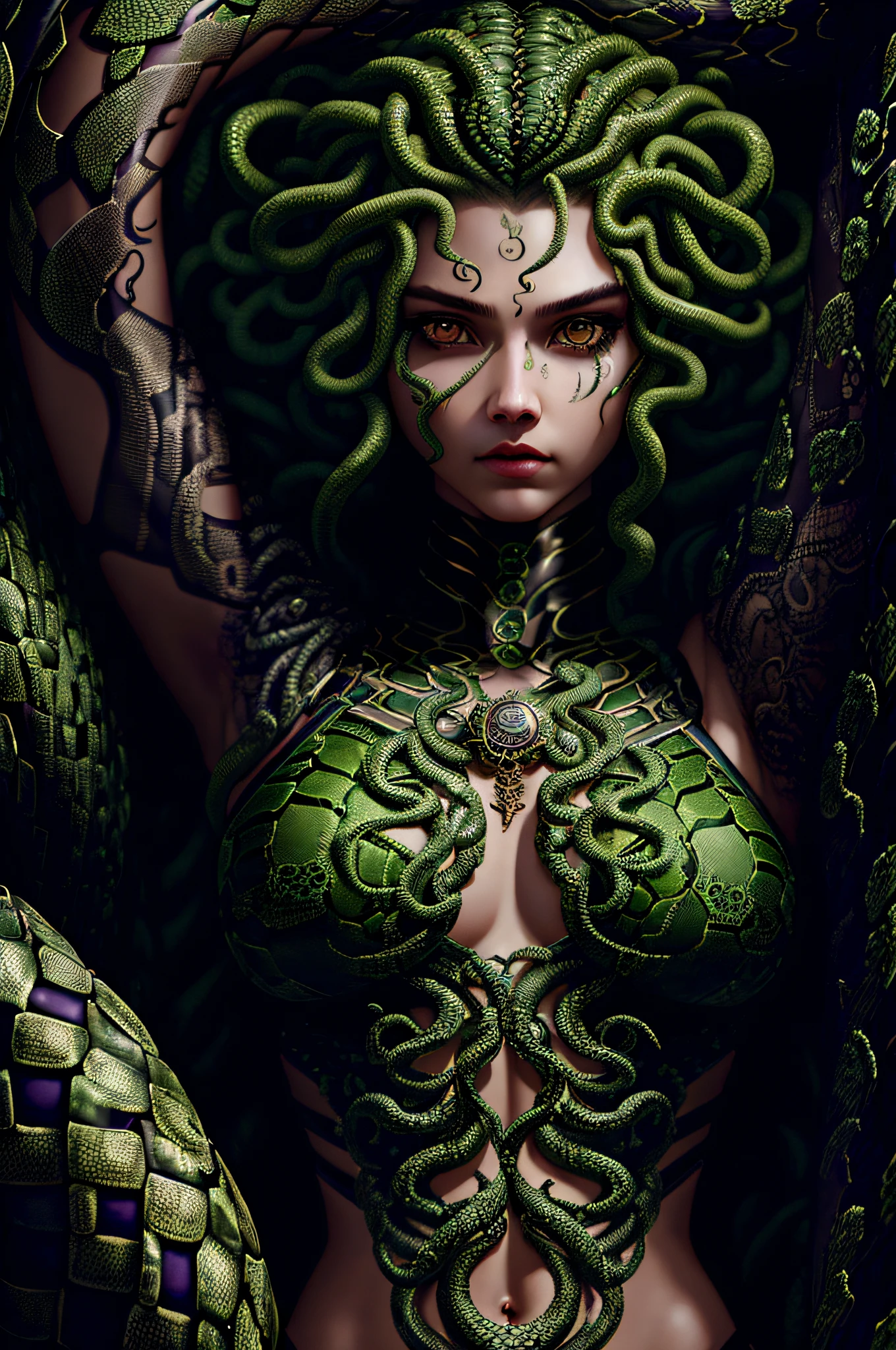 ((best quality)), ((realistic)), Medusa, upper body, hair is made up of countless snakes, green eyes, female face, metal underwear, trending on artstation, clear focus, studio shot , intricate detail, highly detailed, detailed eye, illustration, highly detailed, sharp focus, digital render, professional, 4k
