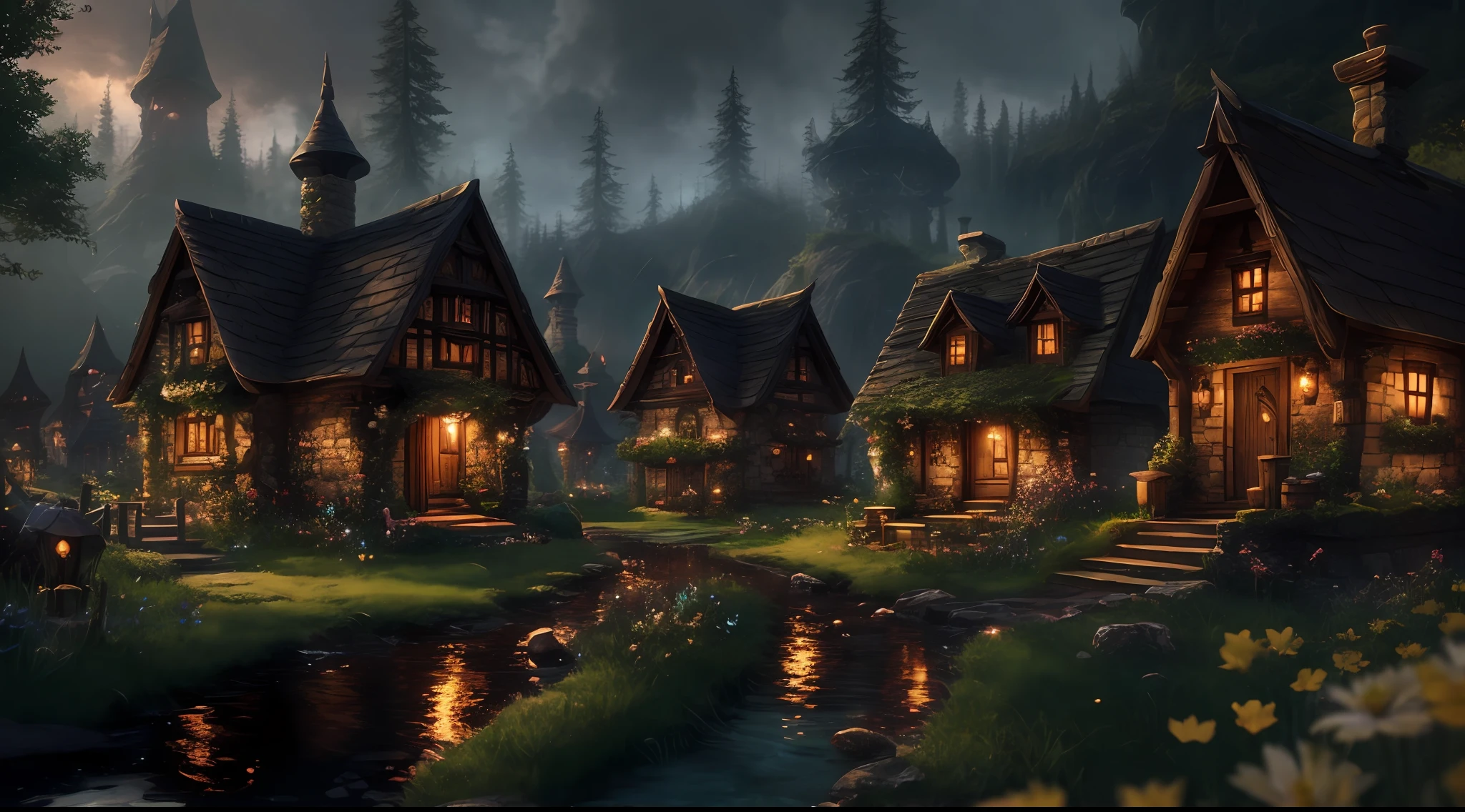 Magical Fairy Village - There are two small houses in the middle of a forest, beautiful rendering of a fairy tale, render realistic fantasy, fantasy style 8k octane render, fantasy matte painting, cute, magic village, medeival fantasy town, fantasy town setting, fantasy 3 d render, a bustling magical city, (octane render) fantasy style, unreal engine fantasy art, villages,  Unreal Engine