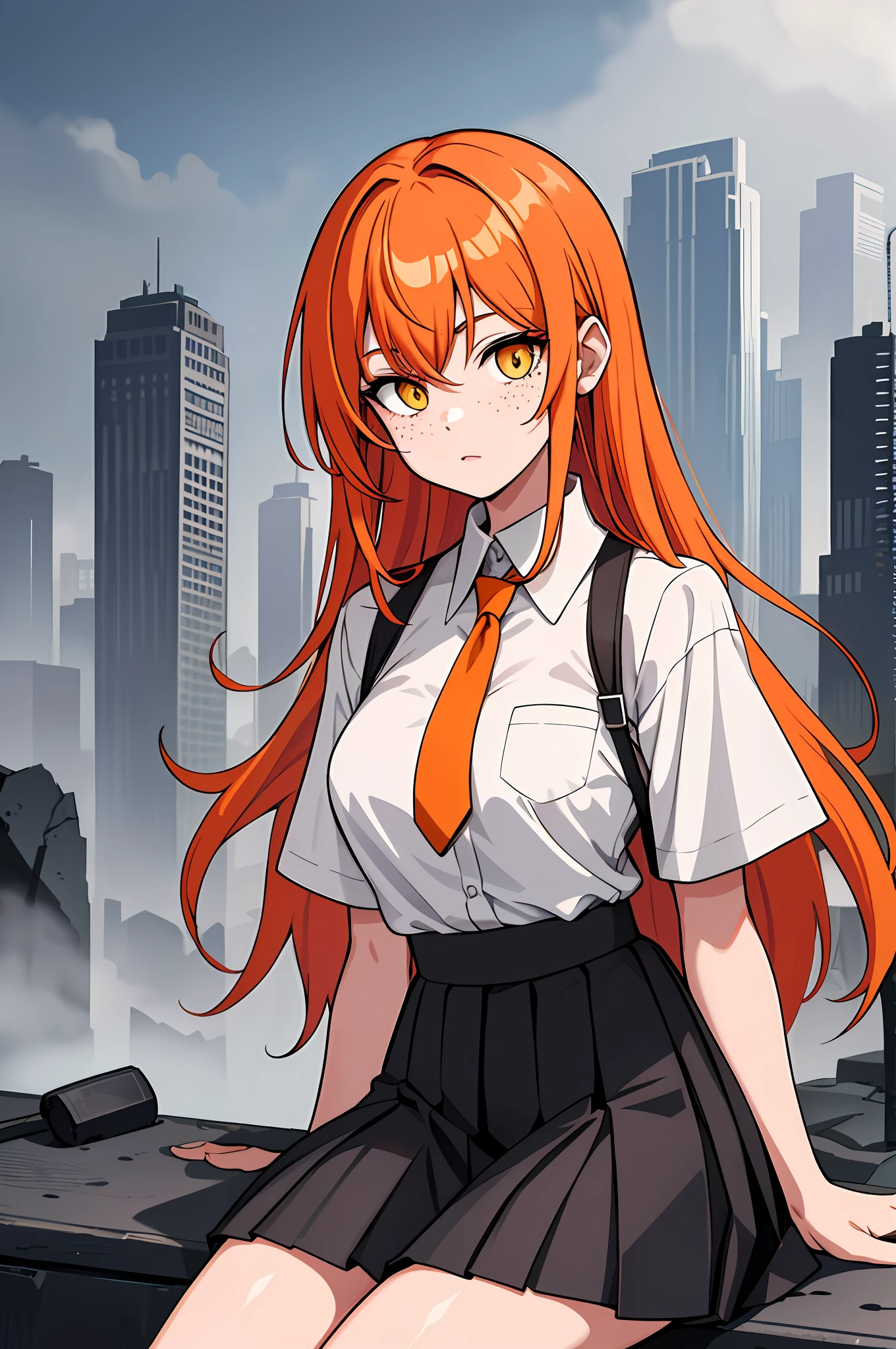 masterpiece, best quality, 1girl, long hair, orange hair, yellow eyes, freckles, collared shirt, white shirt, short sleeves, loose necktie, high-waist skirt, pleated skirt, black skirt, shirt tucked in, medium breasts, sitting, arm support, looking at viewer, partially submerged, ruined city, building, skyscraper, debris, dusk, (fog:1.2), pink theme,