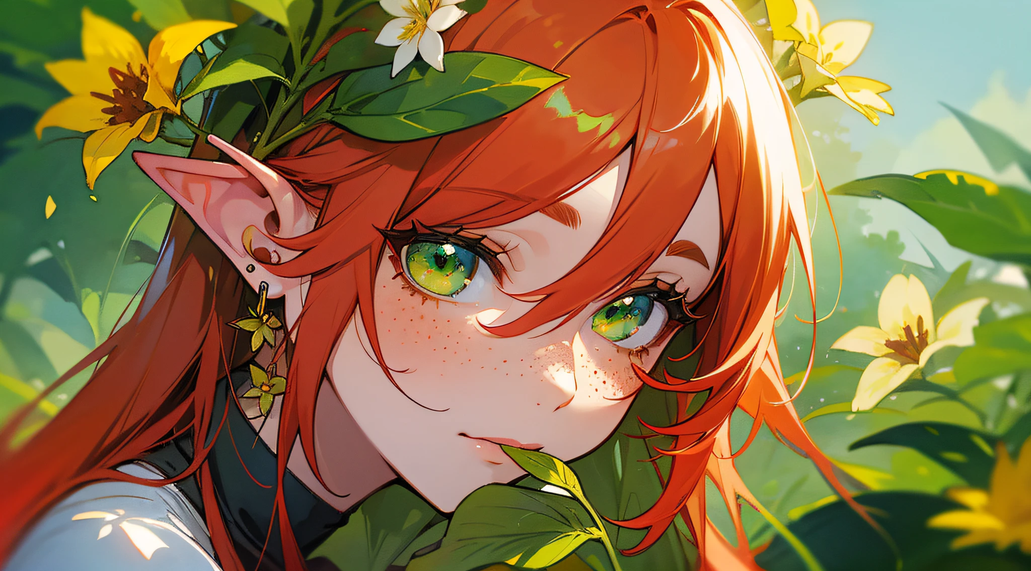 watercolor, woman elf, flower, freckles, leaf, fringe, yellow flower, red hair, long hair, green eyes, hair between eyes, flower earrings, high resolution --auto --s2