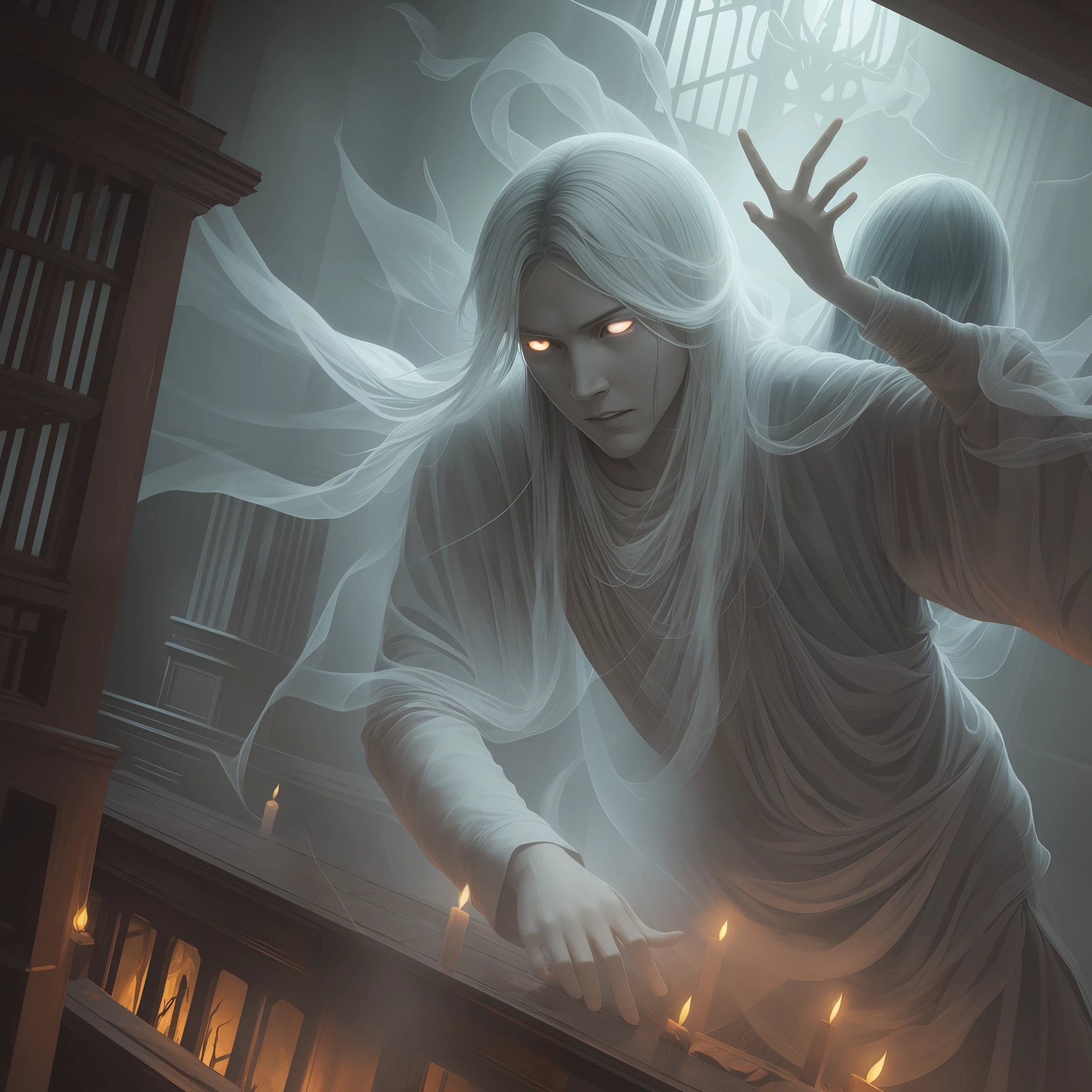 enter a spiritual context and create an image where A person decides to explore a haunted house and comes across a ghost and he is attacked by evil spirits, floating just above him, greater detail, good lighting --auto --s2