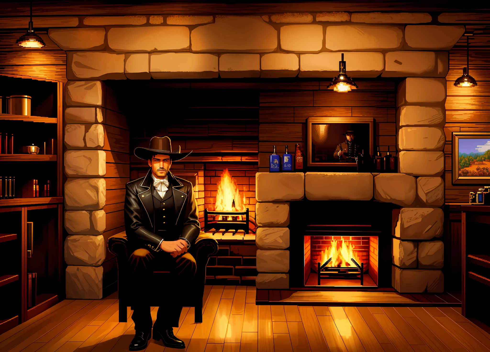 masterpiece, best quality,pixel art, low contrast,1man, western, jacket,sheriff, stetson, fireplace, tavern, dim lights