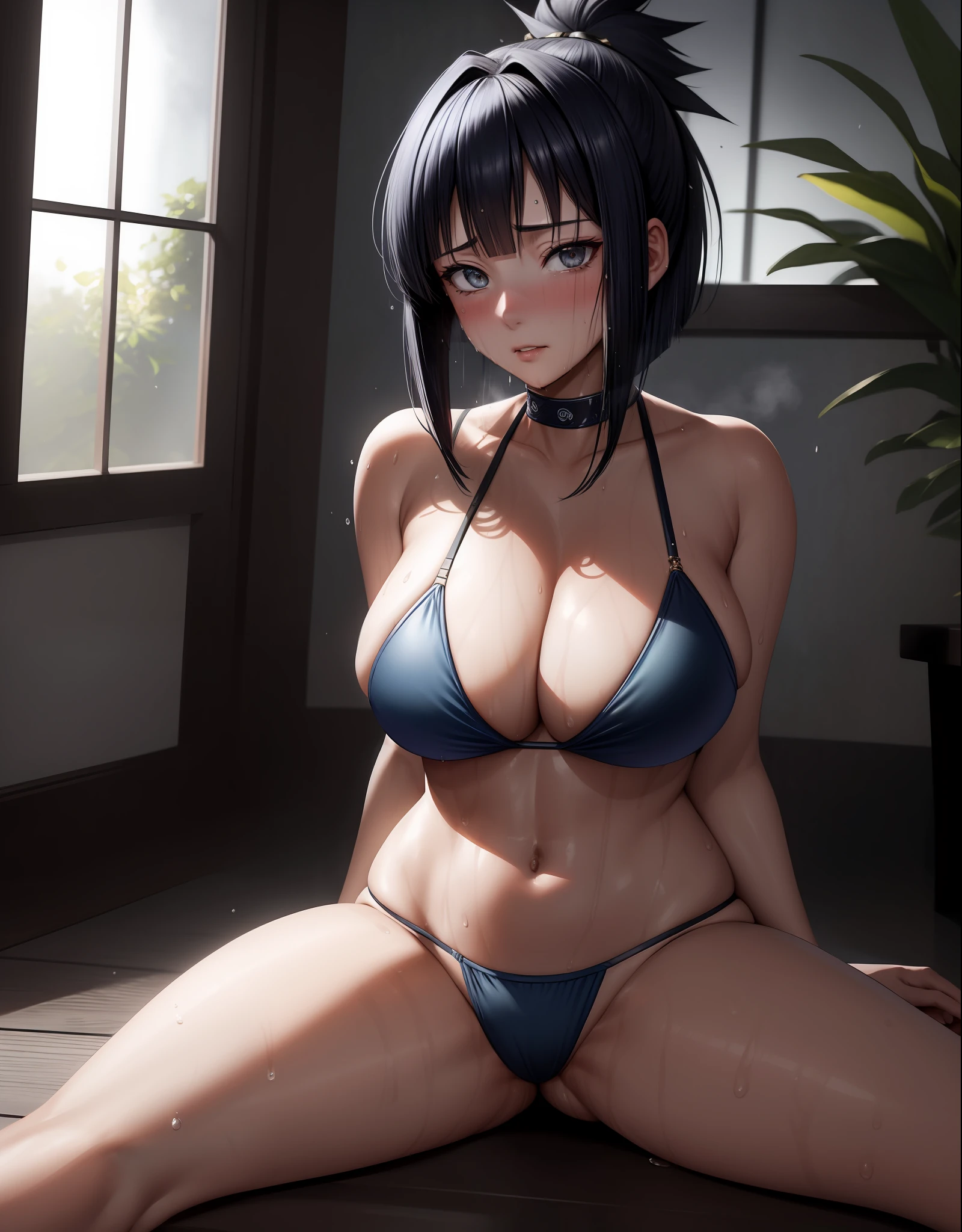 (masterpiece), (high details), intricate detail, depth of field, backlighting, award winning, high quality, best quality, 8k,  Hinata form anime «Naruto», (inverted bob hair:1.3), (messy hair:0.3), dark blue hair, ponytail, sexy bikini, (sweating:1.3), exhausted, sitting, open crotch, looking at the viewer