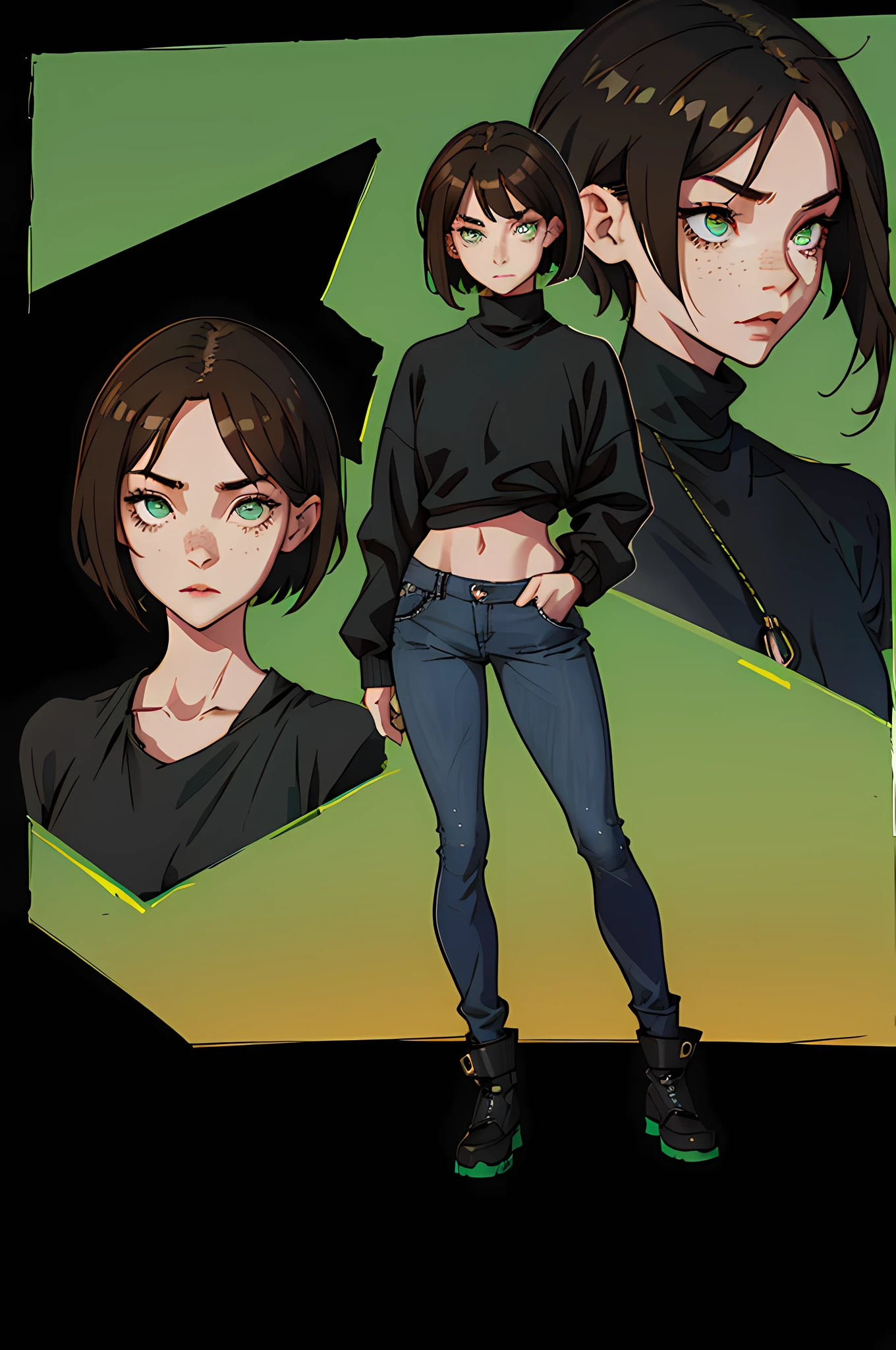 1woman, 1girl, solo woman, 1 person, single person, woman with a black baggy shirt and blue jeans, full body portrait, girl fanart, !!full body portrait!!, fullbody portrait, full body character portrait, full-body character portrait, detailed full body portrait, character full body portrait, full body illustration, anime full body illustration, anime style character, short brown hair, combat boots, green eyes, Black sweater, freckles, hoop earings, loose sweater, baggy sweater, color black, ((Oversized sweater)) ((no item in hands)) ((Black sweater)) ((Black clothing)) ((BROWN HAIR)) ((SHORT HAIR)) ((LEWD)) ((naughty)) ((Showing skin)) ((jeans)) ((Showing chest))