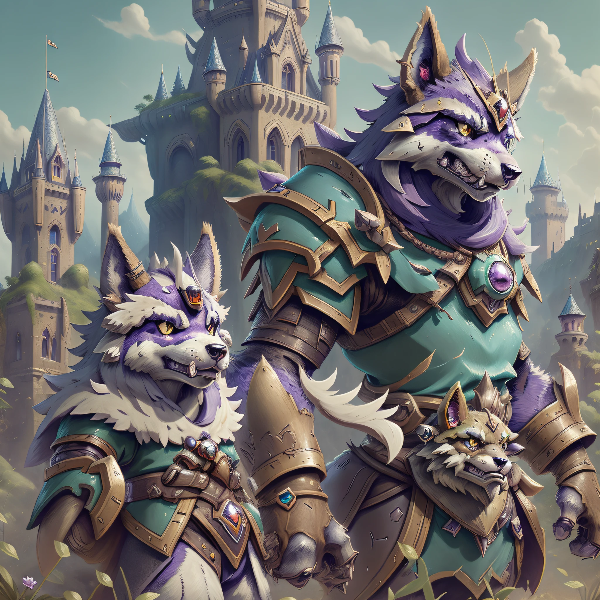 araffe in a fantasy setting with a castle in the background, anthro art, furry fantasy art, collectible card art, fantasy card game art, husky in shiny armor, good boy giant mecha wolf hound, hearthstone card game artwork. ”, anthro paw pov art, anthro concept art, hearthstone card game artwork, portrait of a gnoll, full art