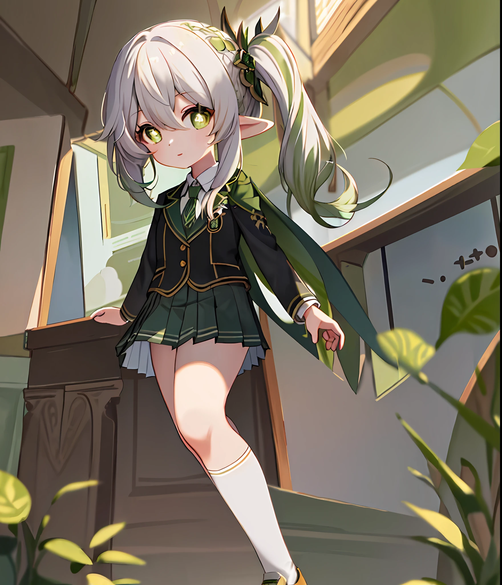 masterpiece, best quality, 1girl, solo, nahida_genshin, cross-shaped pupils, school uniform, green tie, blazer, pleated skirt, green cape, standing