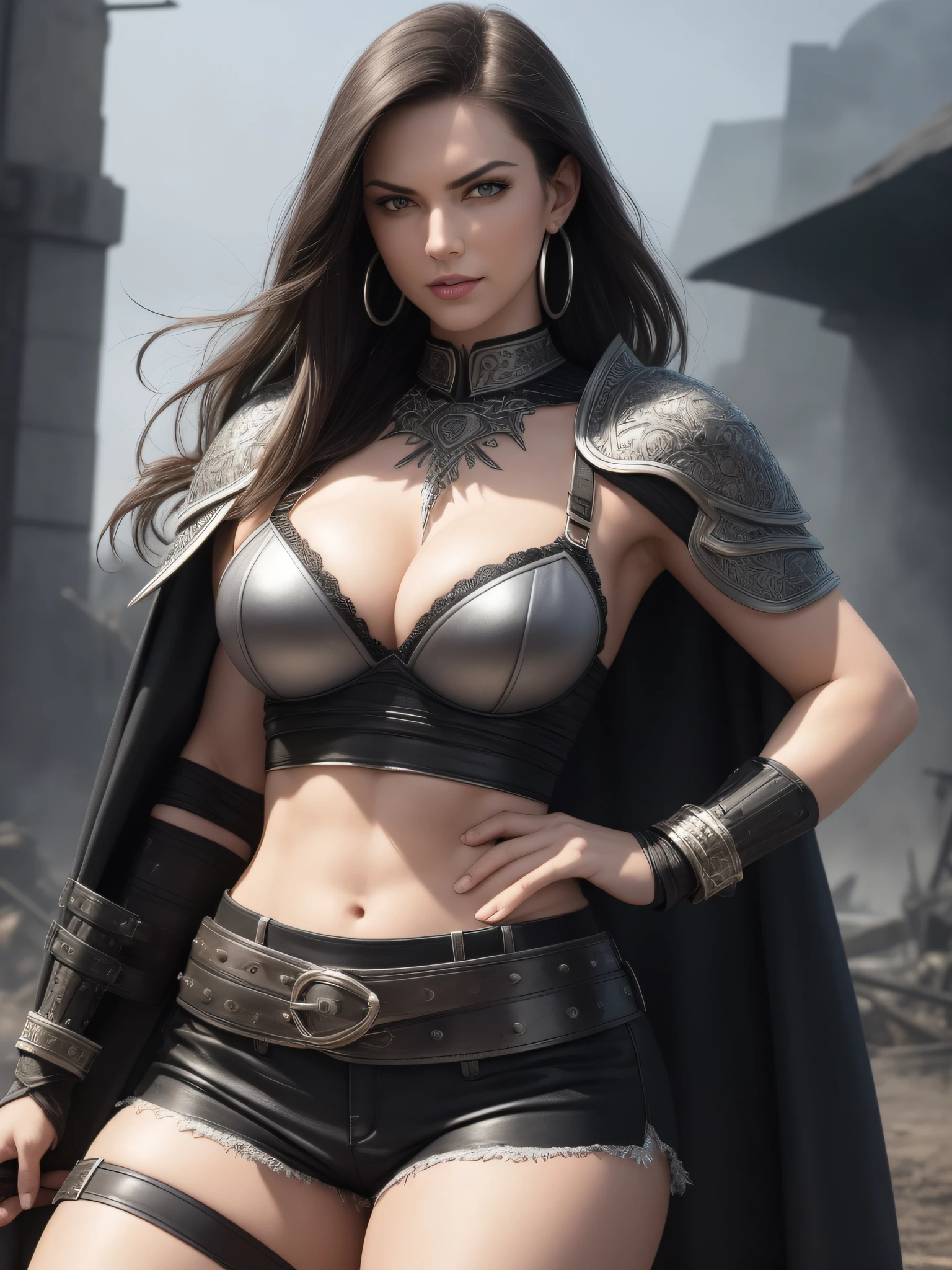 color photograph, action on battlefield, ((a realistic photo of a beautiful tall, strong woman)), (fit body:1.0), detailed illustration, masterpiece, (masterpiece, best quality), beautiful woman, sexy face, evil smile, angry, 1lady, solo, long straight black hair, detailed elegant eyes, detailed apocalyptic background, narrow hips, parted lips, soft light, hoop earrings, small necklace, highly detailed black and silver leather armor bra and shorts, waist belt, short blue cape