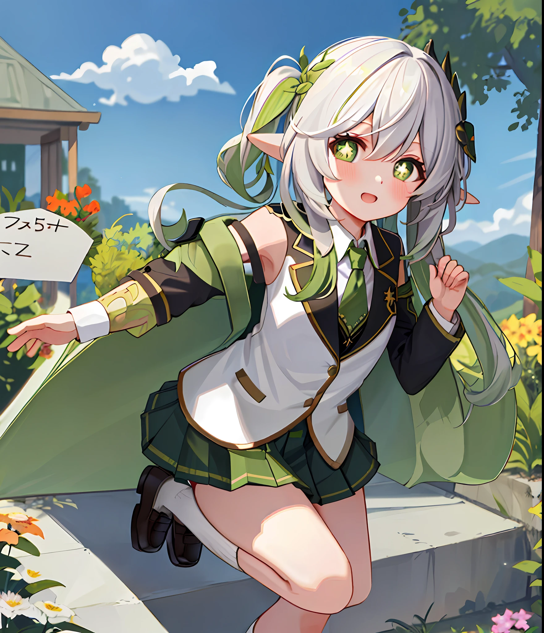 masterpiece, best quality, 1girl, solo, nahida_genshin, cross-shaped pupils, school uniform, green tie, blazer, pleated skirt, green cape, standing
