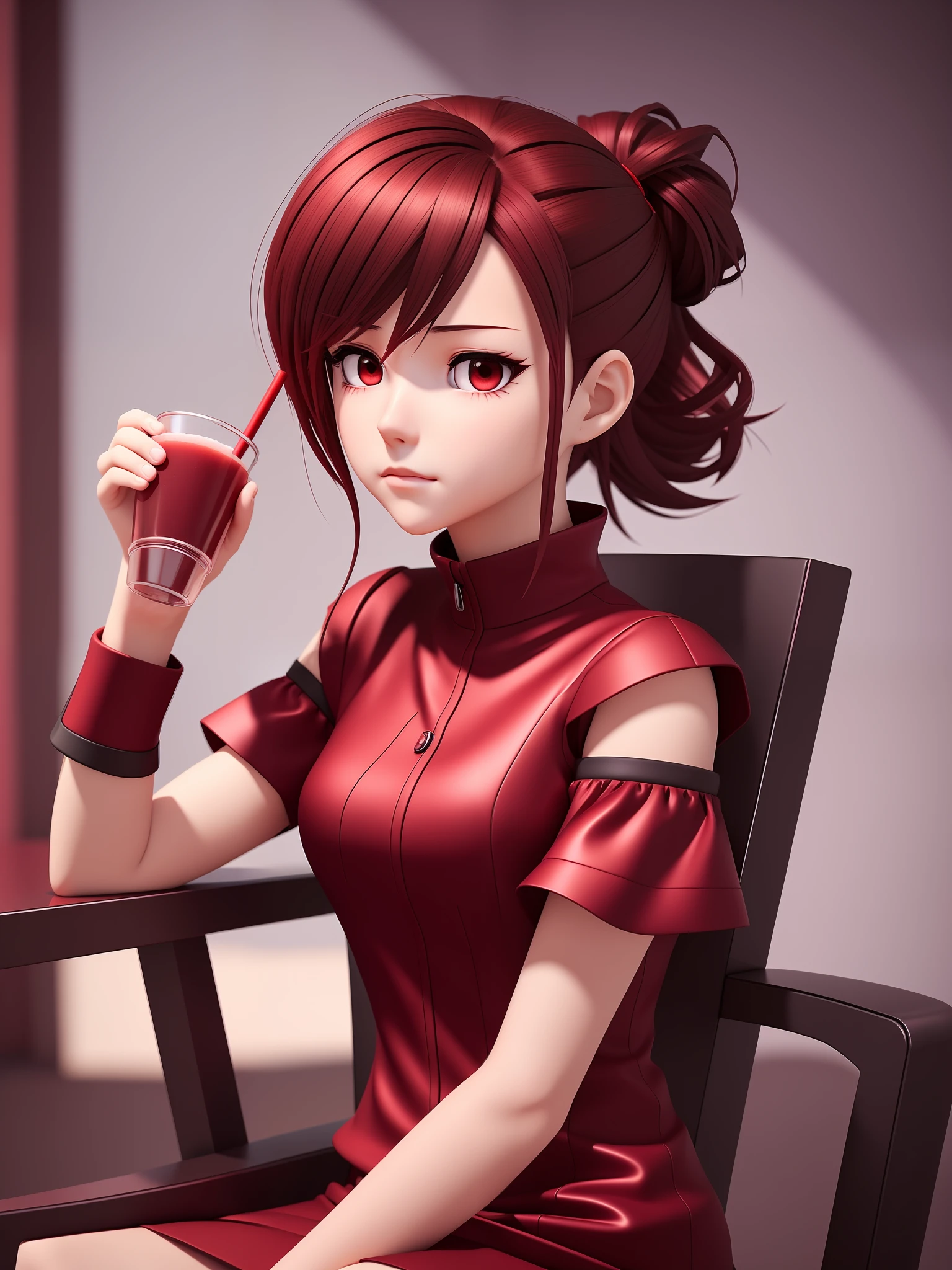 Young girl, a cartoon character dark red outfit, ((cold expression and tired eyes)), ((hair up to shoulder)), (red eyes), stylized character, animation character, stylized 3d render, 3d character, highly detailed character, stylized anime, stylized 3d, render character, character model, closeup, (maximum quality), sipping box juice sitting in a chair looking at the horizon