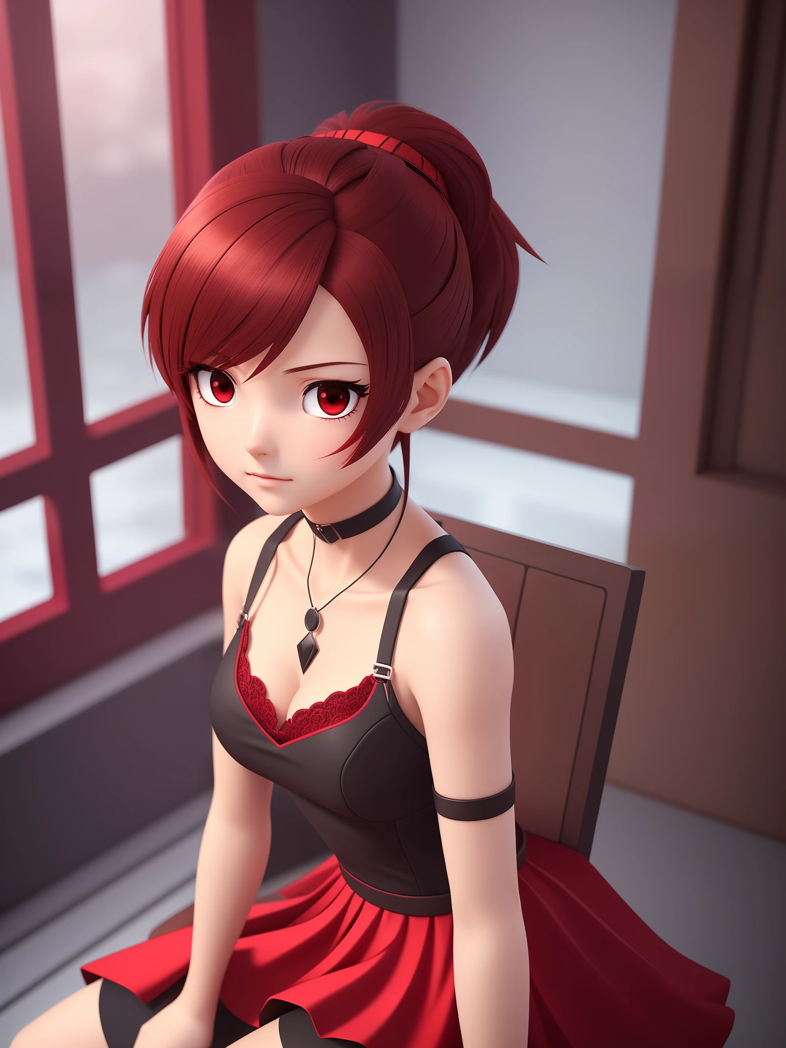 Young girl, a cartoon character dark red outfit, ((cold expression and tired eyes)), ((hair up to shoulder)), (red eyes), stylized character, animation character, stylized 3d render, 3d character, highly detailed character, stylized anime, stylized 3d, render character, character model, closeup, (maximum quality), sipping box juice sitting in a chair looking at the horizon