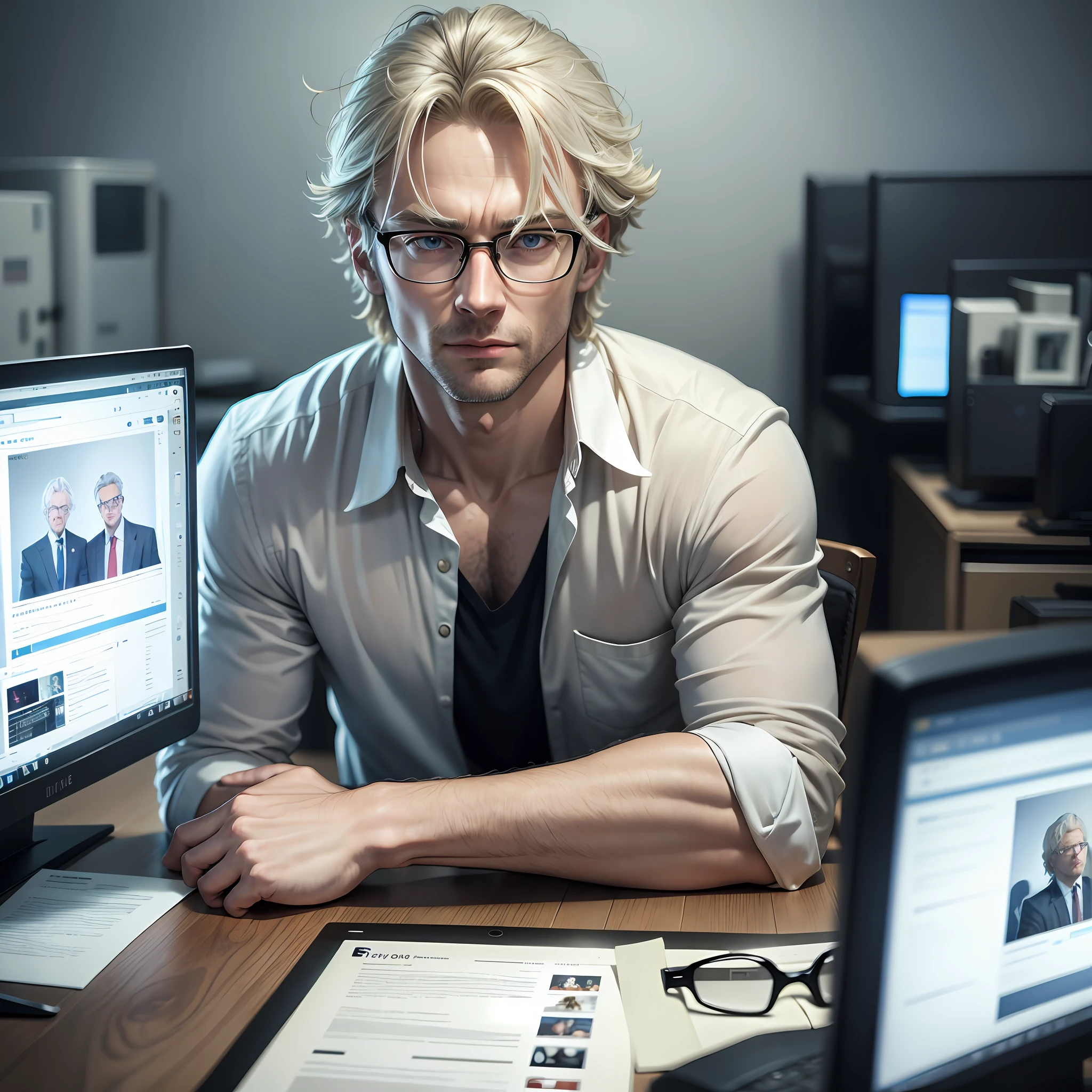 High Quality ultra realistic image of a man. The man has extremely pale skin and handsome features. The man looks in his 40s. He has messy blonde hair with gray hair showing. He's tall and very skinny. He's dressed in casual clothing. He's sitting in a big office like room. the room is dark. Inside the room, the man is surrounded by multiple screens and computer devices. The man wears rimless glasses and is looking towards the screen. Its night time