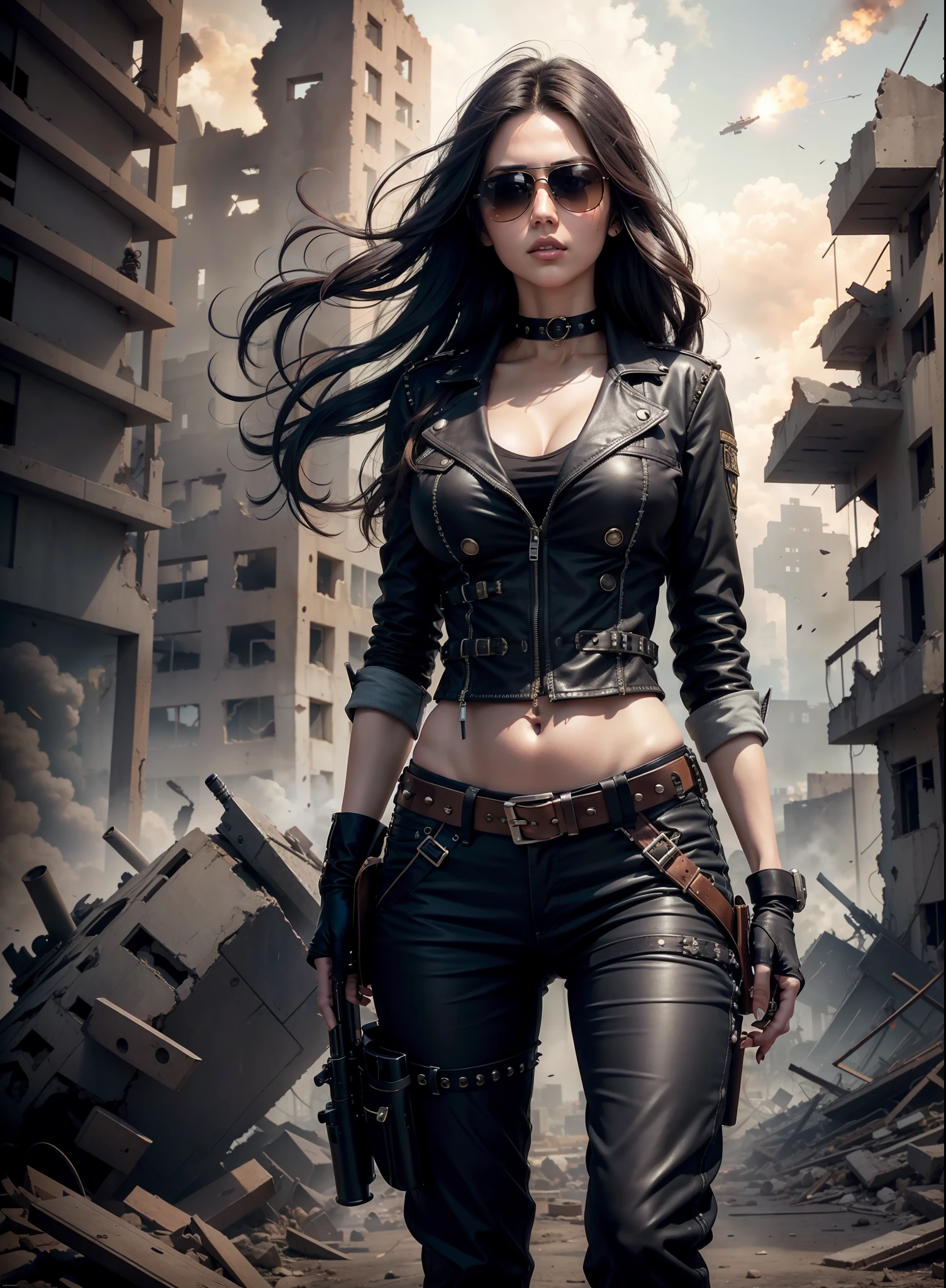 Medium breasted woman, pants, rivets, holsters, big gun, long black hair, sunglasses, in the ruins, explosions behind.