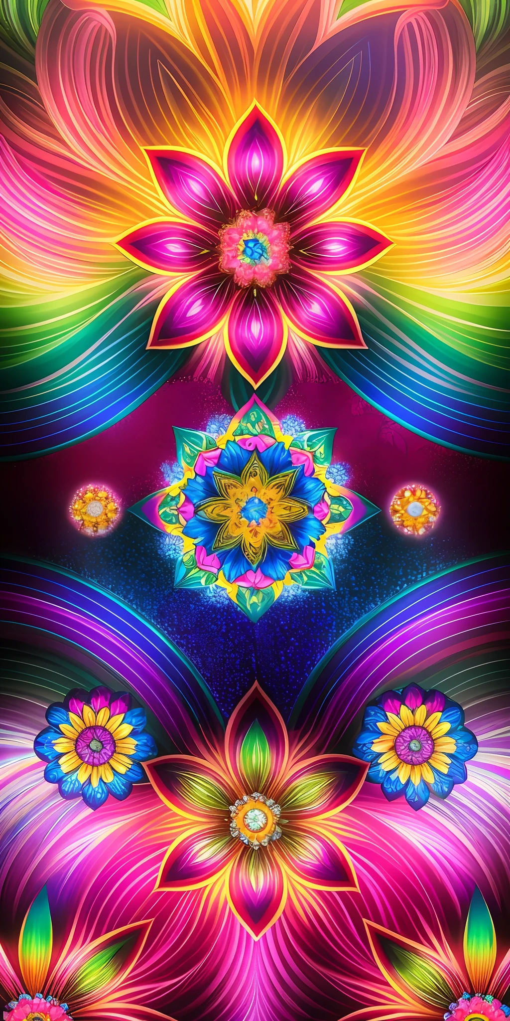brightly colored flowers are arranged in a pattern with stars, psychedelic and glittering, cosmic and colorful, cosmic colorful ultima moongate, highly detailed visionary art, colorful refractive adornments, beautiful composition 3 - d 4 k, enlightenment tripping on dmt, visionary art style, intricate sparkling atmosphere, shiny colorful, intricate colorful masterpiece, colorful intricate masterpiece