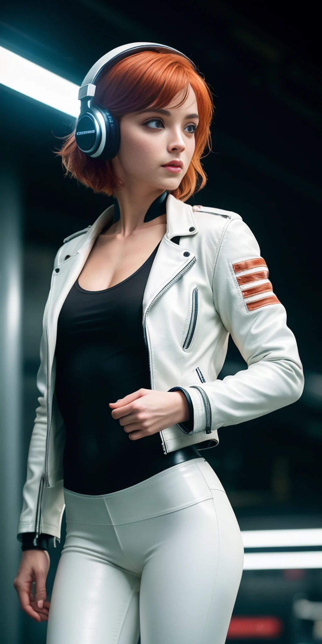 Masterpiece, (((full figure))) entire body in frame, (((magical lighting action shot))) (((beautiful slight smile anorexic pale goddess Irish woman standing on sub way train, neon lights))), (((white leather jacket wearing headphones, black leather pants))) , (((short redhead hair))) moody lighting, blue hour, blue colors, very detailed, dramatic lighting, digital art trending on Artstation 8k HD high definition detailed realistic, detailed, skin texture, hyper detailed, realistic skin texture, armature, best quality, ultra high res, (photorealistic:1.4), high resolution, detailed, raw photo, sharp re, by lee jeffries nikon d850 film stock photograph 4 kodak portra 400 camera f1.6 lens rich colors hyper realistic lifelike texture dramatic lighting unrealengine trending on artstation cinestill 800, (((accurate female anatomy, perfect eyes)))