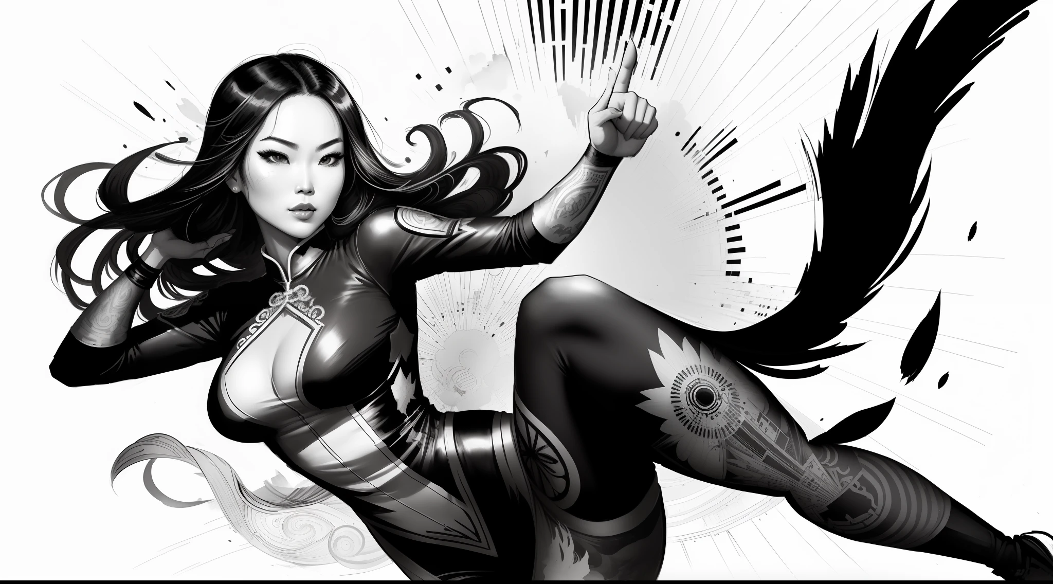 Ink drawing of Vietnamese superheroine, moden ao Dai, full body, Peter Draws, digital illustration, comic style, Dong Son drum patterns background, black and white contrast.perfect anatomy, centered, dynamic, highly detailed, watercolor painting, artstation, concept art, smooth, sharp focus, illustration, art by Carne Griffiths and Wadim Kashin ,