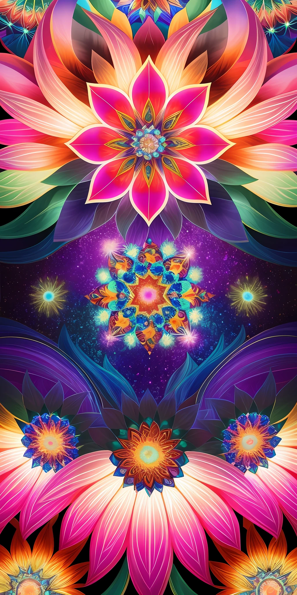 brightly colored flowers are arranged in a pattern with stars, psychedelic and glittering, cosmic and colorful, cosmic colorful ultima moongate, highly detailed visionary art, colorful refractive adornments, beautiful composition 3 - d 4 k, enlightenment tripping on dmt, visionary art style, intricate sparkling atmosphere, shiny colorful, intricate colorful masterpiece, colorful intricate masterpiece