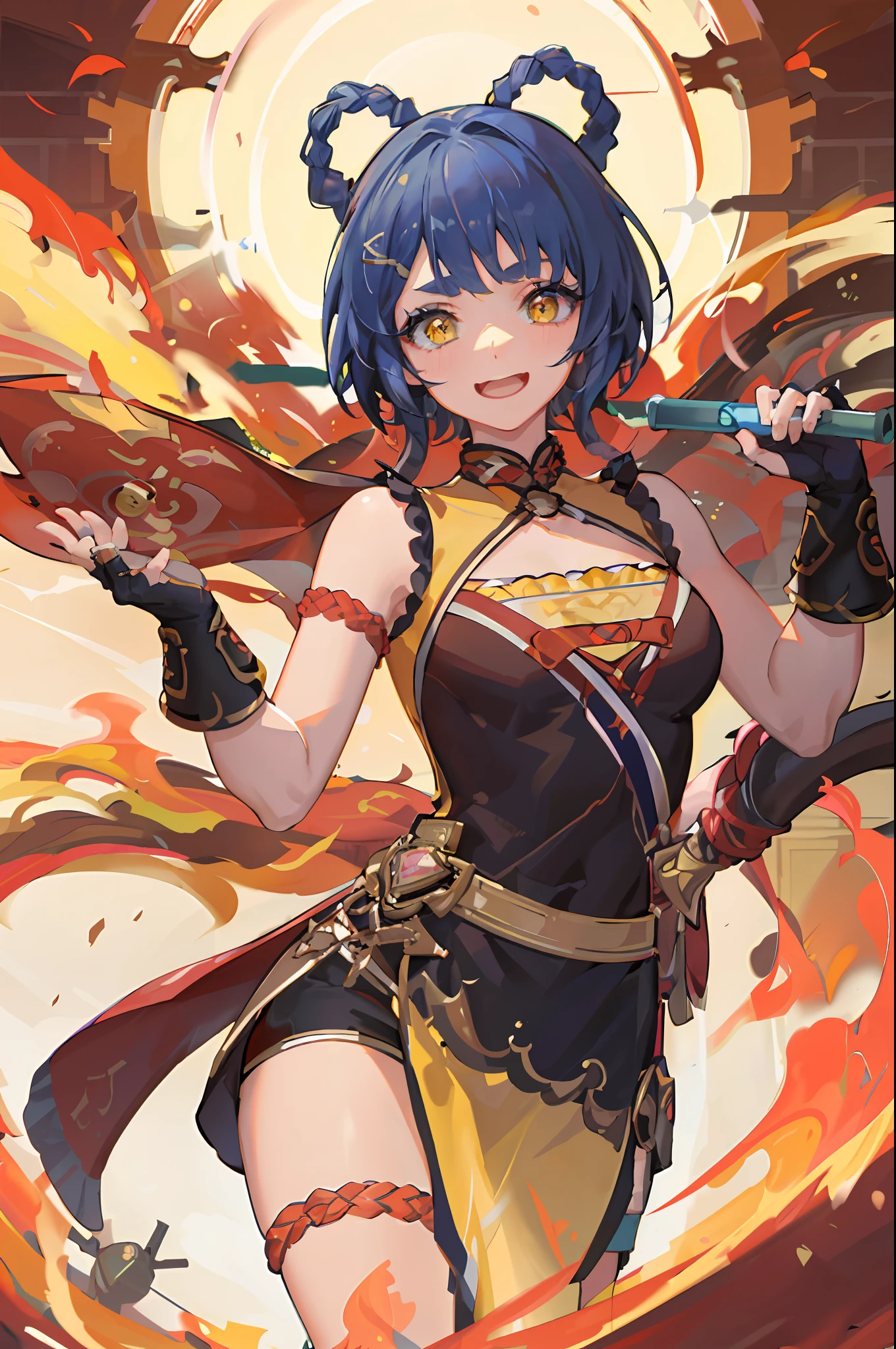absurdres, highres, ultra detailed, 1girl, solo, extremely detailed eyes, (official art, beautiful and aesthetic:1.2), (1girl), extreme detailed,colorful,highest detailed, short blue hair with 2 braids on top of the head, yellow chinese clothes, casting a fire spell, ring of fire, fire tornado