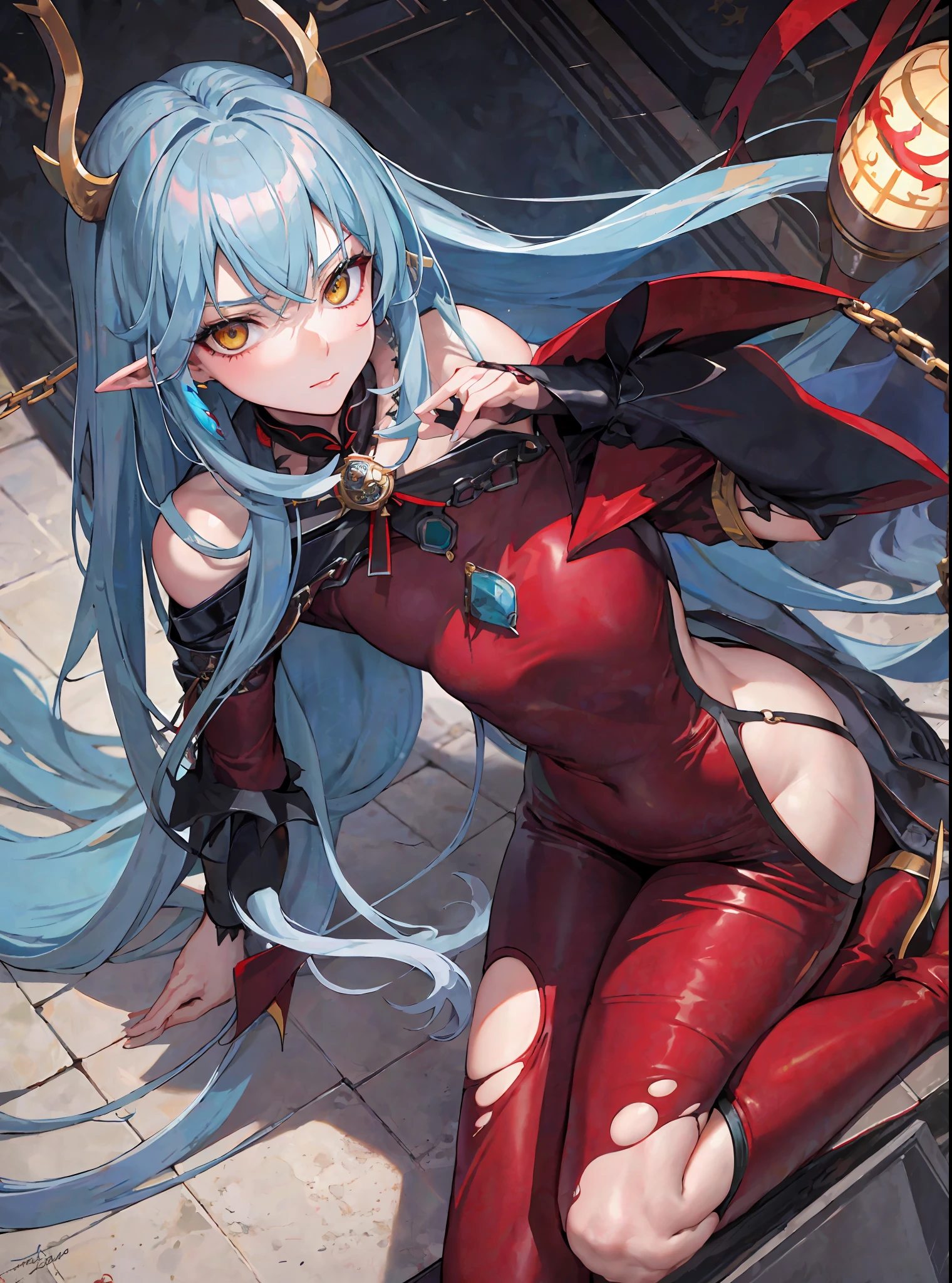 (masterpiece, best quality), close-up image, alone, an adult woman with very long gray hair, (((oriental wstyle clothing))), cape, ((teal clothes)), (((loose hair))), ((dragon skin)), red ribbon in hair, bare legs, ((dragon style)), bodysuit, queen, ((ice)), chains, good anatomy, ((hair with blue locks)), correct proportions, boots, bright colors, torn clothes, queen, green eyes, serious, mysterious appearance, blood, emotionless, palace, bangs straight, evil, (yellow eyes), gothic, medium chest, blood spikes, chest to head show, cinematics, oil painting color, solo, film lighting, extremely detailed face, finely detailed face, beautiful face, beautiful eyes, perfect lighting, depth of field, realistic proportions, good anatomy, long coat