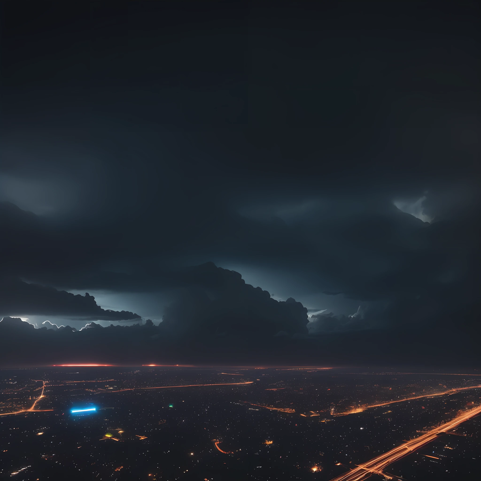 An impressive futuristic war scenario between two neighboring countries showing the two cities. A city is portrayed as an advanced metropolis, filled with gleaming skyscrapers, vibrant neon lights, and flying vehicles buzzing through the skies. The other city is a futuristic fortress, with impenetrable walls, watchtowers, and an advanced defense system. The sky is filled with dark, charged clouds, with lightning cutting across the horizon. The atmosphere is tense and oppressive, with smoke hanging in the air and noises of explosions in the background. Style: Photography, 24mm wide-angle lens, --air 16:9 --v 5 --auto --s2