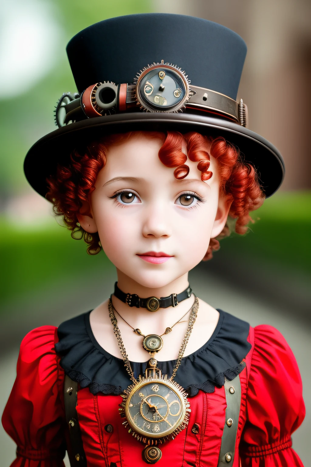 close up, red short curly hair child girl the small red hat, clock on necklace, (victorian era), ((steampunk)), cinematography, crafted, elegant, meticulous, magnificent, maximum details, extremely hyper aesthetic, intricately detailed, many gears, old city background