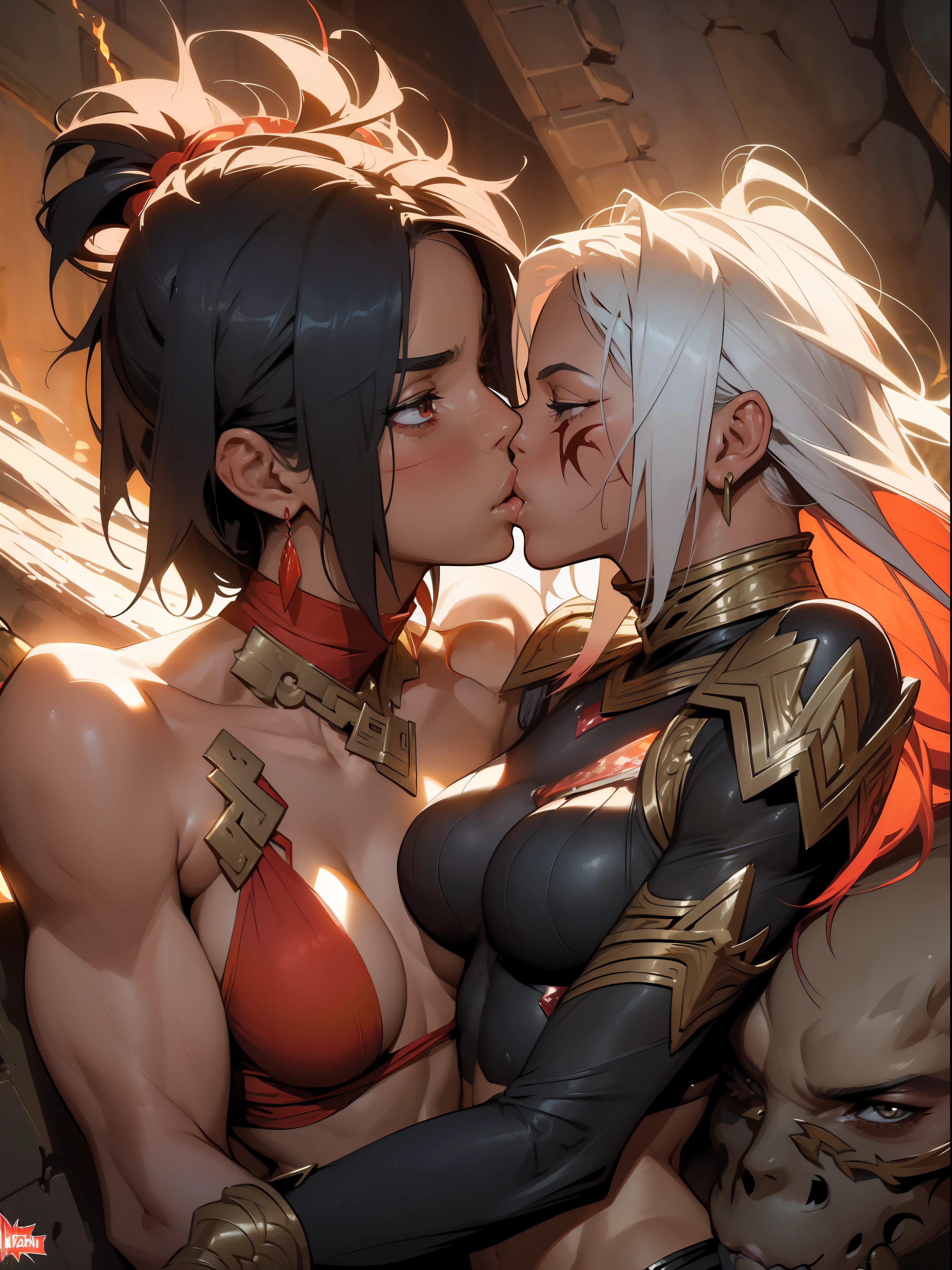 Two (((((women))), (((lesbians))))), 2 barbarian warriors kissing madly, 2 beautiful full-body women, 30 years old, muscular and perfect bodies, with little clothes, tiny thong, caressing each other, super sensual scene, ((((kiss))), (((fiery kiss)))), sexy, sexy pose, very sexy, sexy for, pulling hair