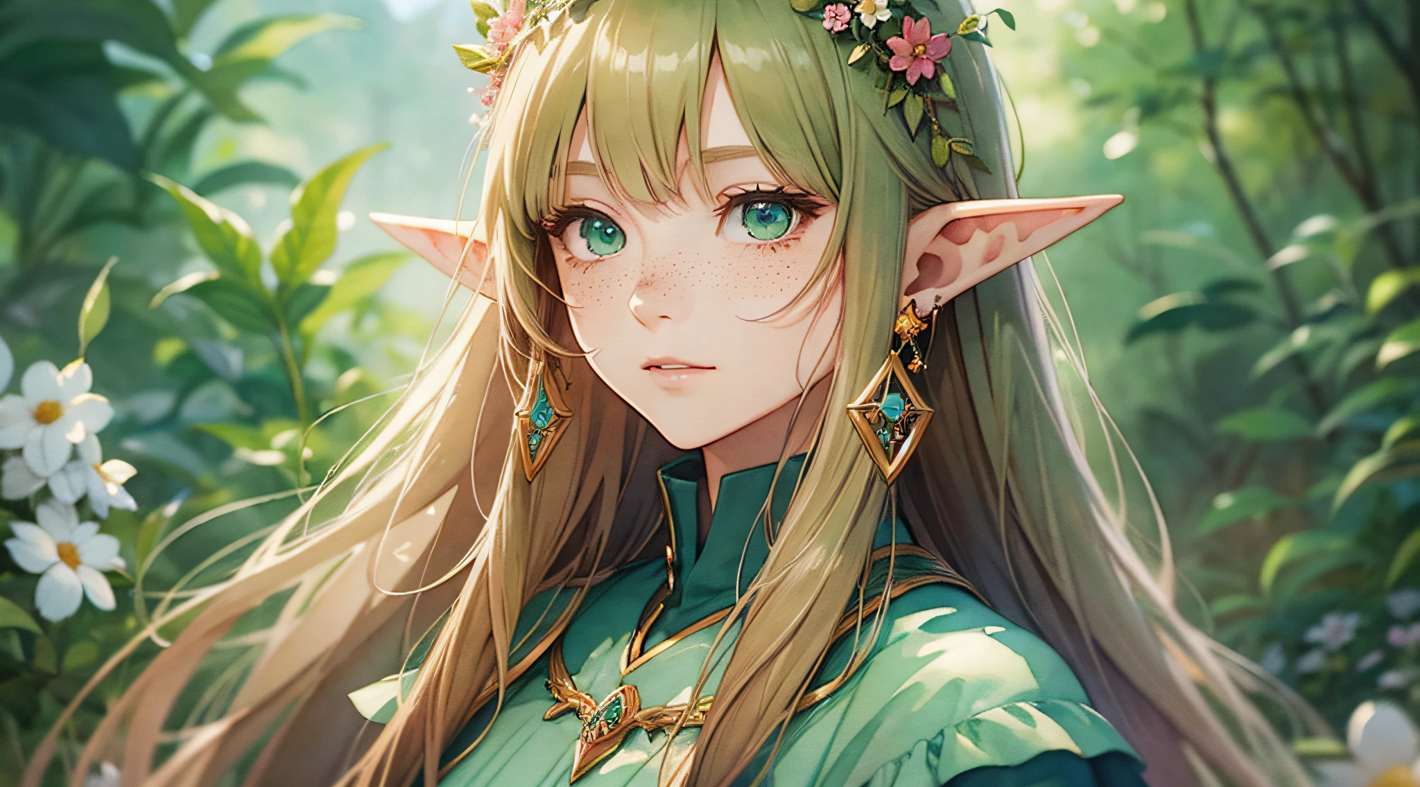 (watercolor: 1.2), elf princess, flower, freckles, bangs, redhead, long hair, green eyes, hair between eyes, flower earrings, blurred background, high resolution --auto --s2