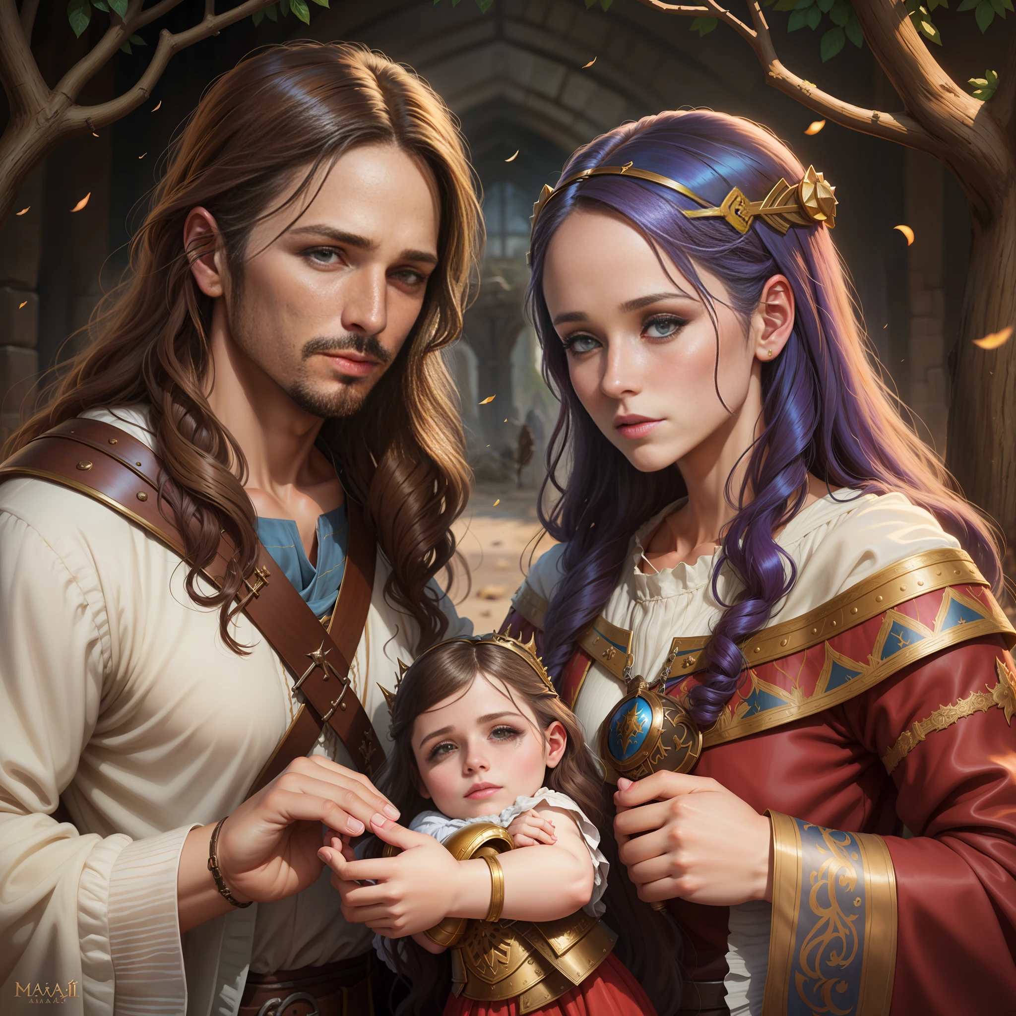 there is a man and woman dressed in medieval clothing holding a doll, magali villeneuve', graphic artist magali villeneuve, fantasy characture portrait, by Magali Villeneuve, medieval fantasy game art, medieval fantasy art, fantasy genre portrait, realistic fantasy illustration, magali villeneuve and monet, fantasy portrait art, fantasy art portrait, detailed fanart, fantasy art style
