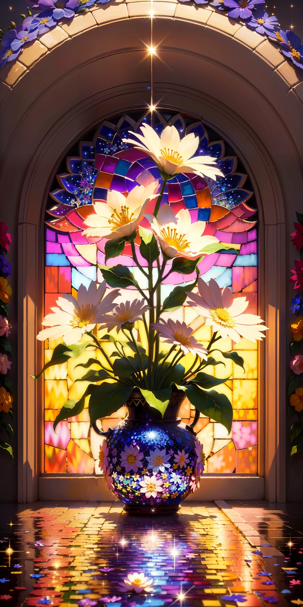 Flower, smile, Surrealism, mosaic art, sparkle, backlighting, 8k, super detail