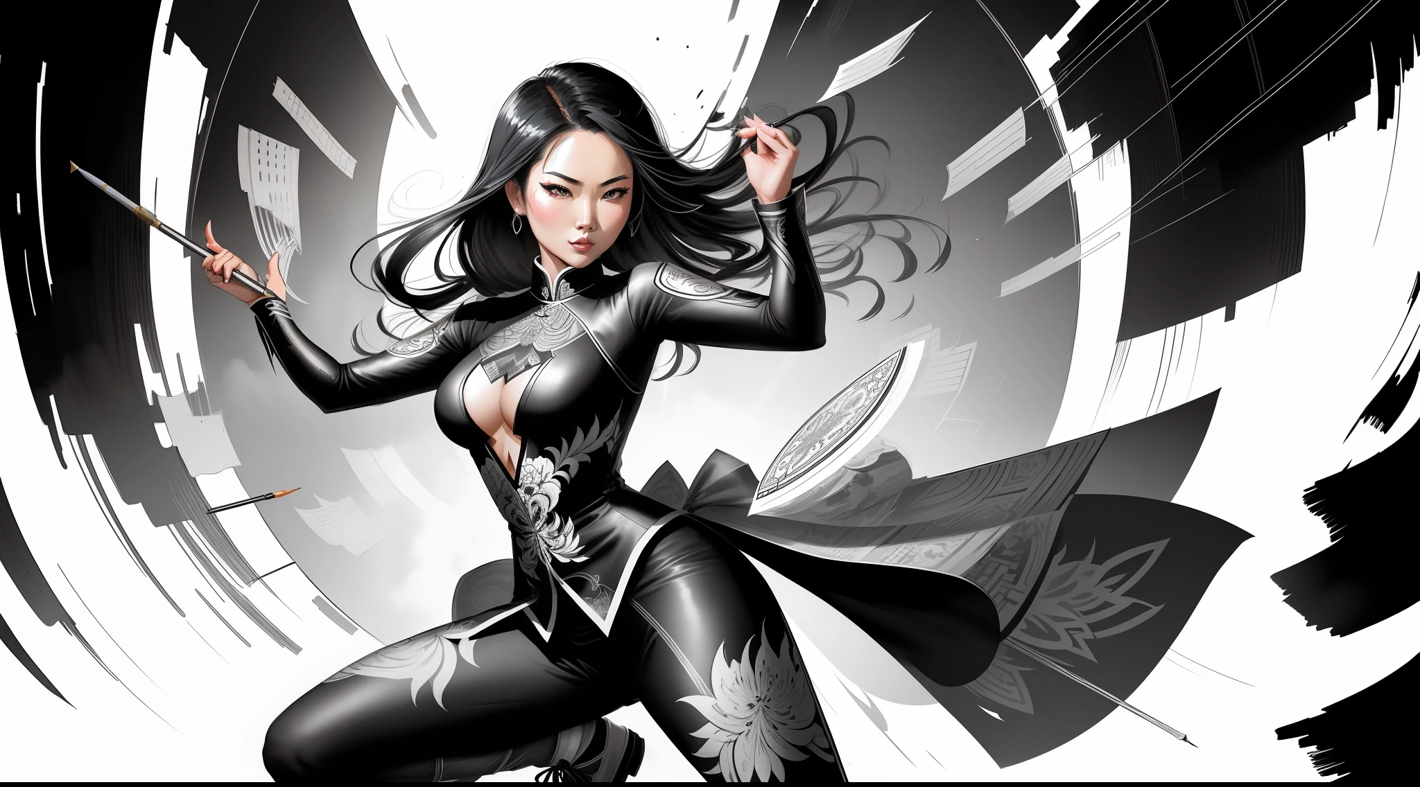 Ink drawing of Vietnamese superheroine, moden ao Dai, full body, Peter Draws, digital illustration, comic style, Dong Son drum patterns background, black and white contrast.perfect anatomy, centered, dynamic, highly detailed, watercolor painting, artstation, concept art, smooth, sharp focus, illustration, art by Carne Griffiths and Wadim Kashin ,