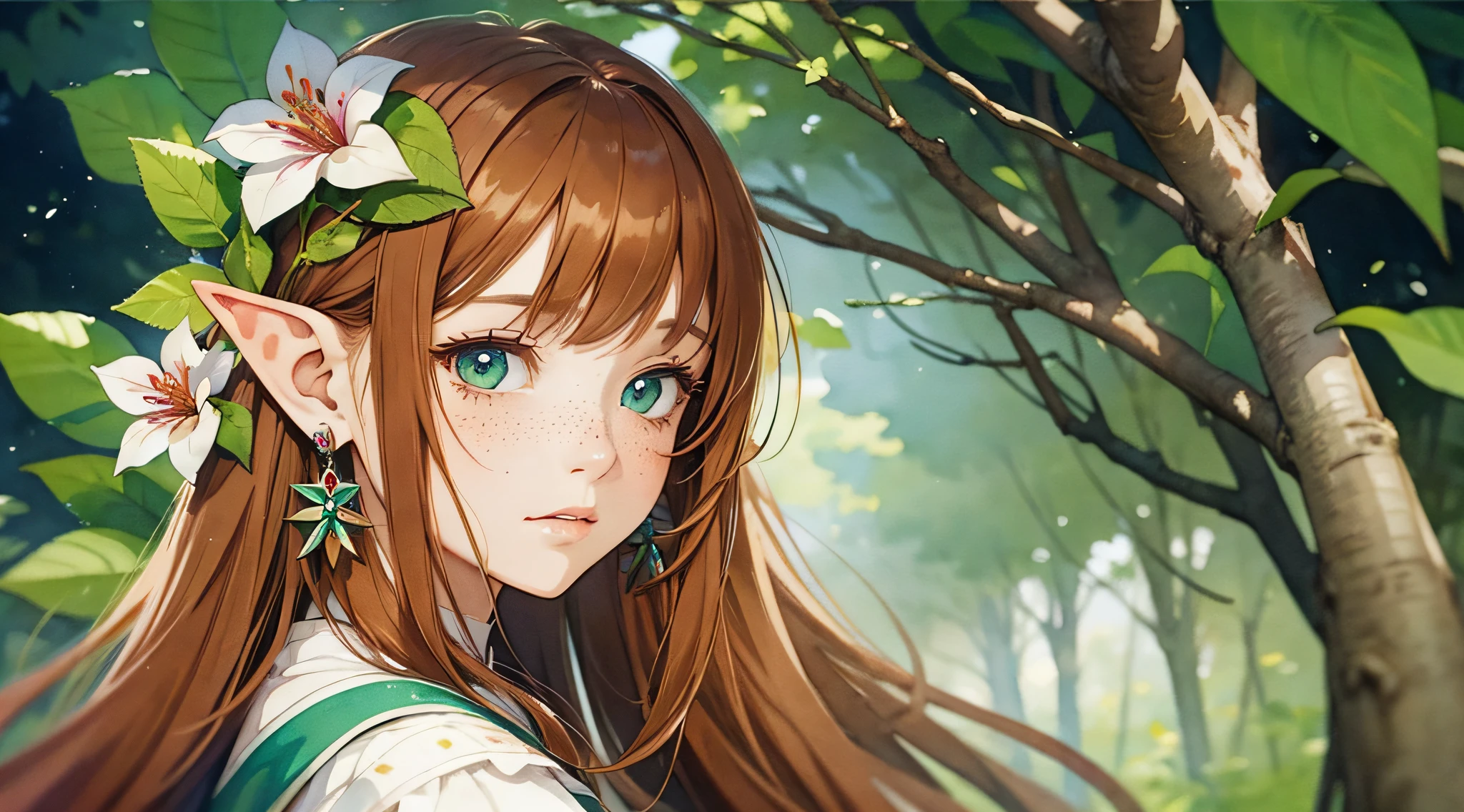 (watercolor: 1.2), elf princess, flower, freckles, bangs, redhead, long hair, green eyes, hair between eyes, flower earrings, blurred background, high resolution --auto --s2