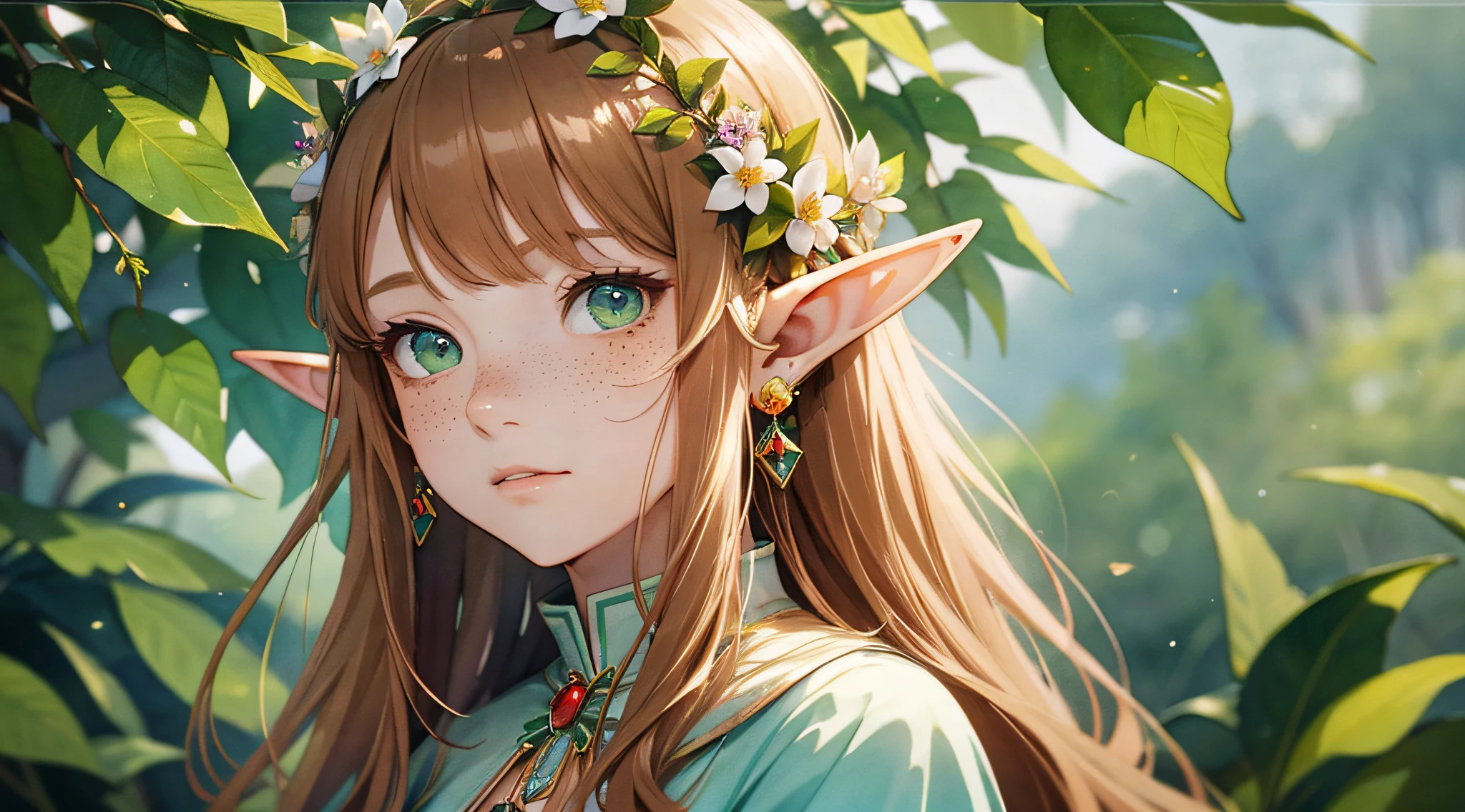 (watercolor: 1.2), elf princess, flower, freckles, bangs, redhead, long hair, green eyes, hair between eyes, flower earrings, blurred background, high resolution --auto --s2