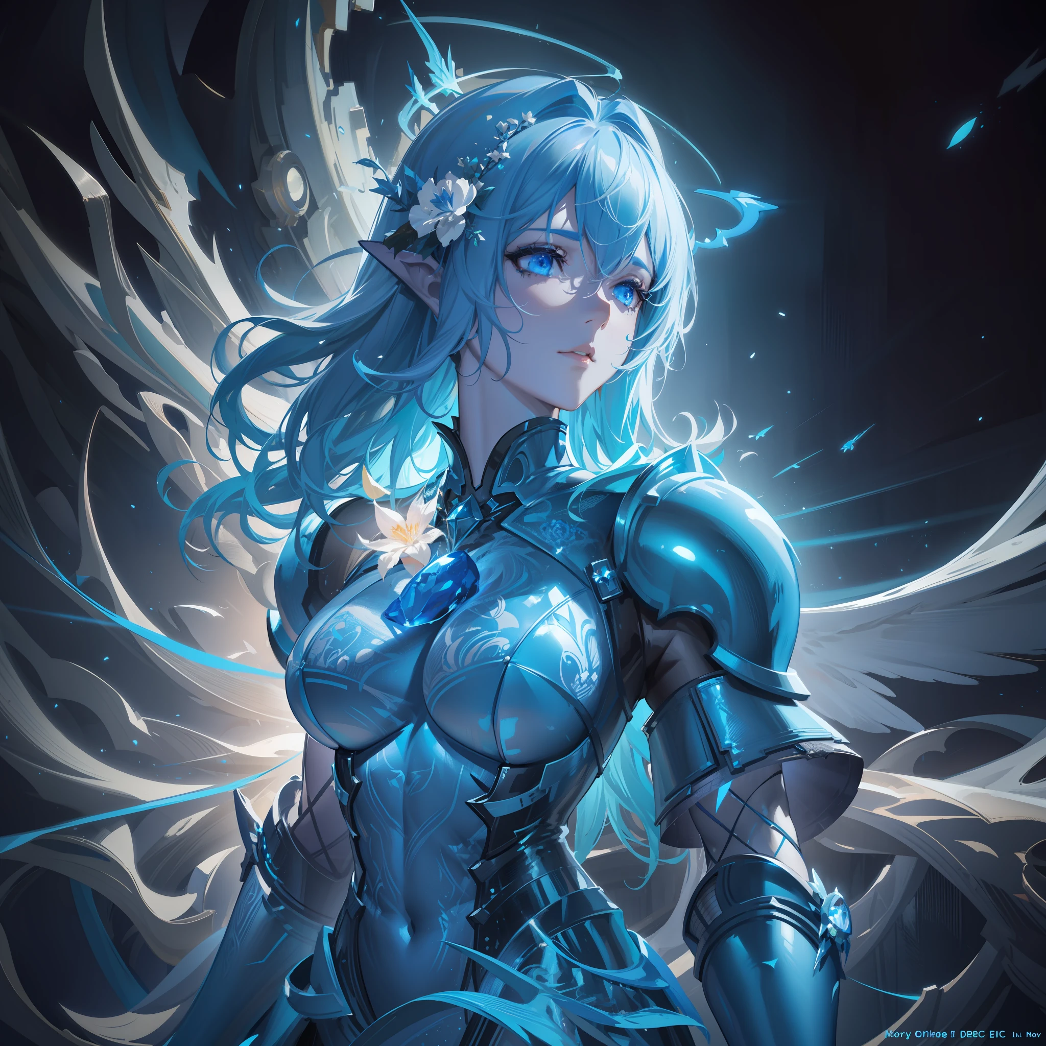 Arafed woman in a blue costume with wings and a halo, Ross Tran 8 K, epic exquisite character art, 2. 5 D CGI Anime Fantasy Art, Epic Fantasy Digital Art Style, Fantasy Art Behance, Highly Detailed Fantasy Art, Artgerm Julie Bell Beeple, Detailed Fantasy Art, Detailed Fantasy Digital Art, Pale Blue Armor, 144x144 Dimension