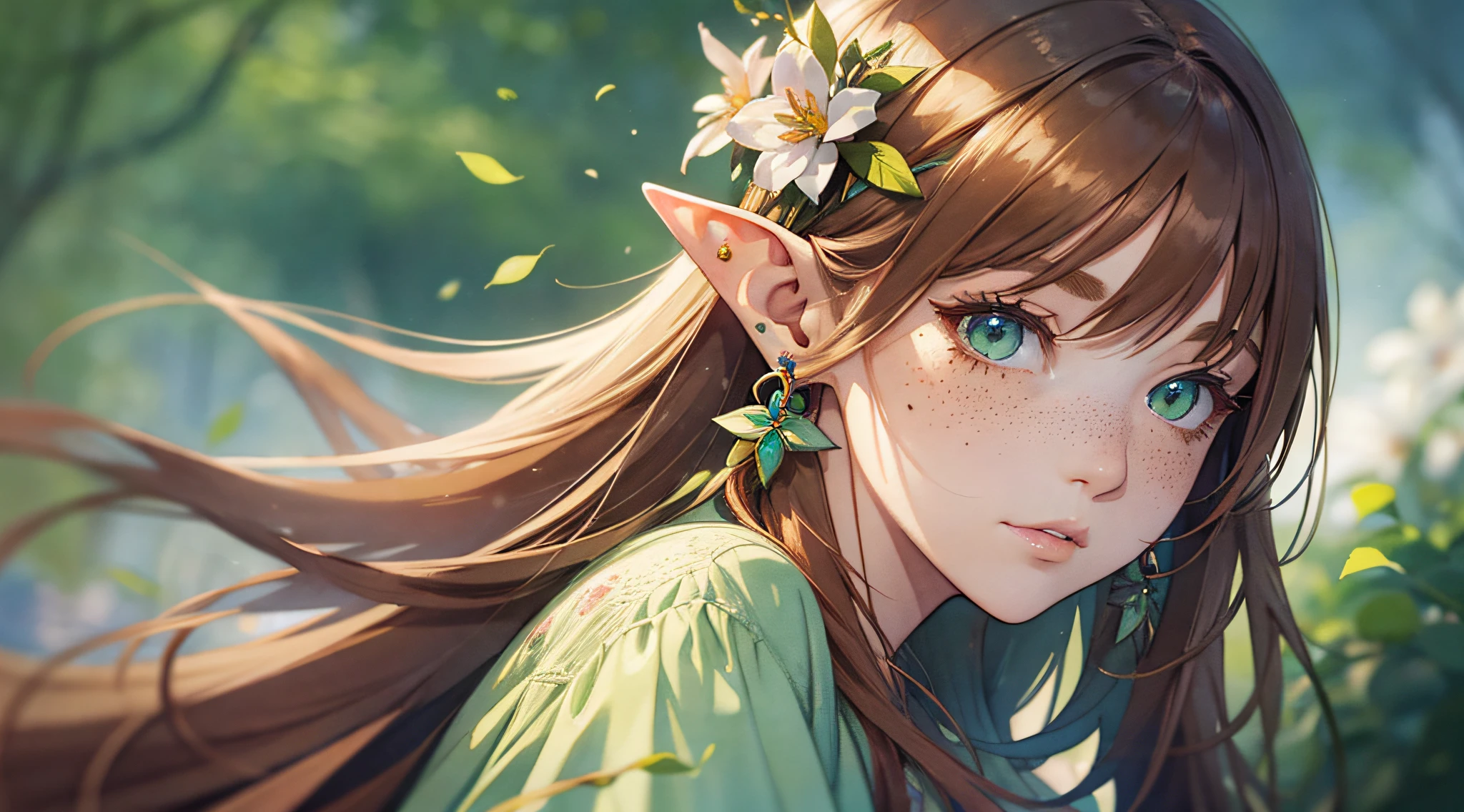 (watercolor: 1.2), elf princess, flower, freckles, bangs, redhead, long hair, green eyes, hair between eyes, flower earrings, blurred background, high resolution --auto --s2