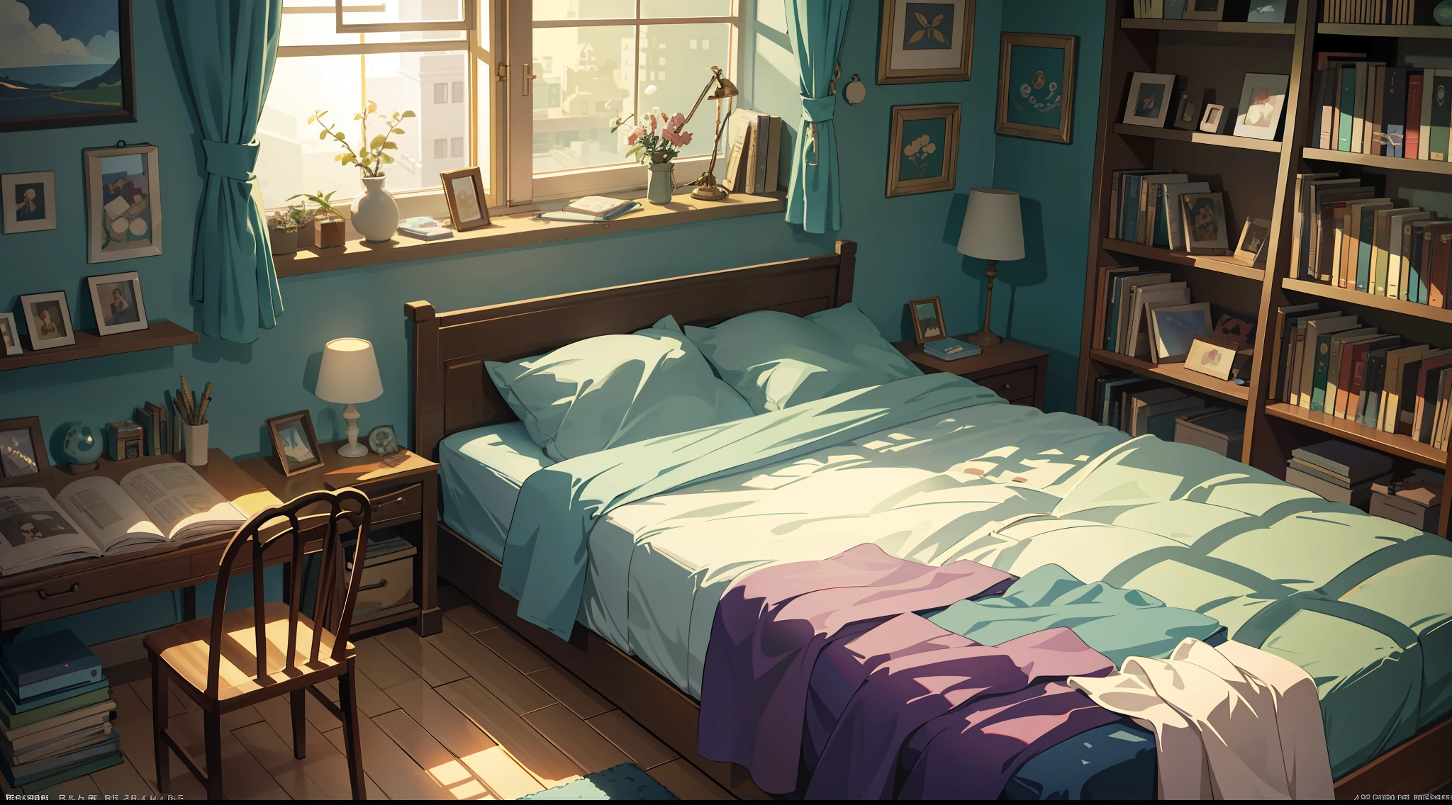 there is a room with a bed, desk, chair, and bookshelf, relaxing concept art, personal room background, anime background art, realistic afternoon lighting, anime scenery concept art, relaxing environment, interior background art, rpg maker style bedroom, a sunny bedroom, bedroom in studio ghibli, afternoon lighting, cozy environment, photorealistic room, cinematic morning light, studyng in bedroom