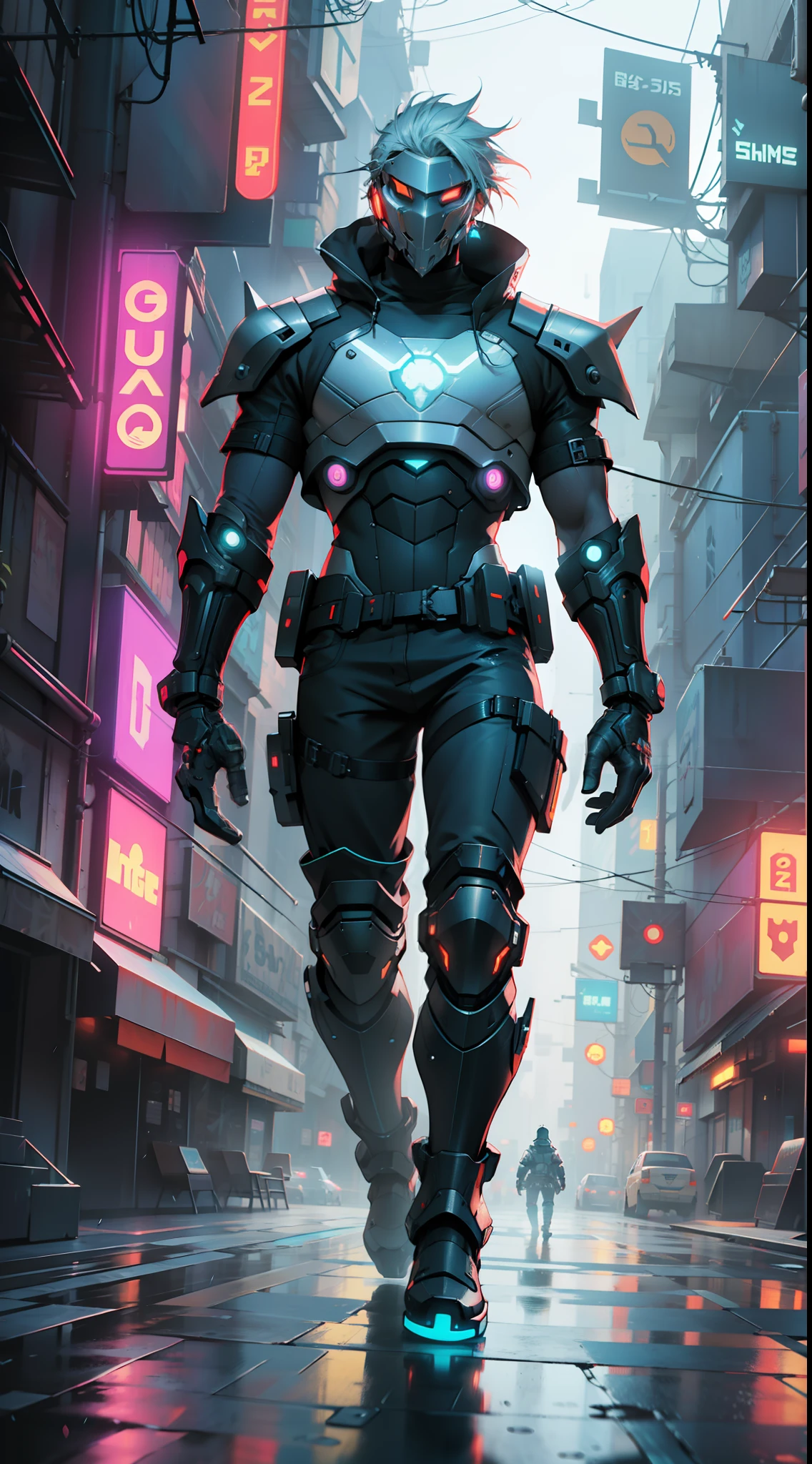 a futuristic cyperpunk full body knight wearing a glowing chrome T-shirt walking in a neon light cyberpunk city, octane render, rain