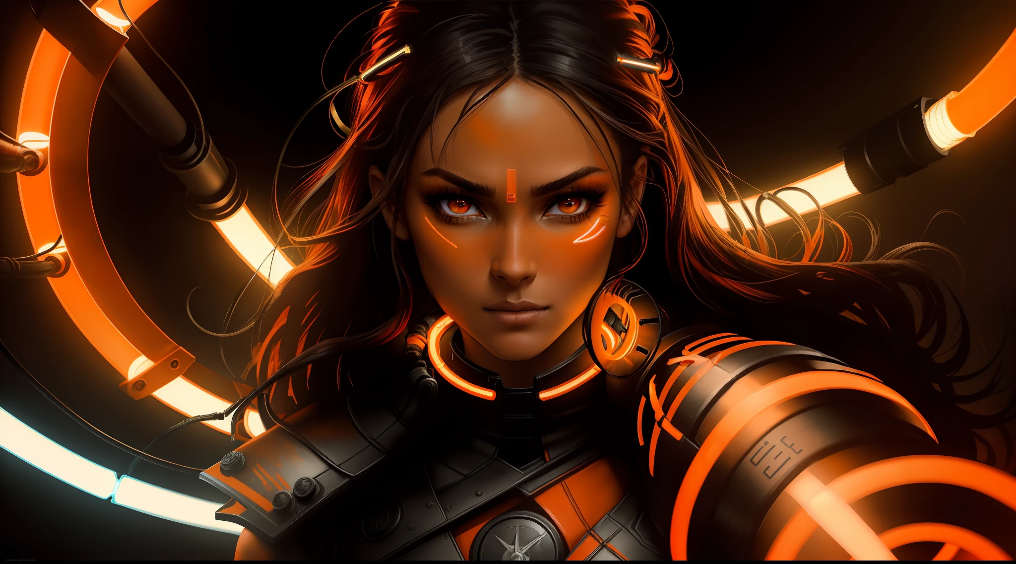 lexa, the 100, character, sci-fi, cinematic, realistic, cannon 6d, octane render, medium shot, in dark room, ((orange Fluorescent Ring Tube light source:1.5)), post-apocalyptic style, smoky eyes, ((combat make-up with black mascara along the eyes)), black leather trash armor, fierce, warrior, leader, commander, stoic, determined, intelligent, skilled, composed, dark-haired, strong, enigmatic, charismatic, regal, powerful, striking, confident, focused, beautiful, symmetrical, expressive, radiant, flawless, youthful, captivating, piercing eyes, defined cheekbones, soft features, graceful, enchanting smile, striking, alluring, natural, elegant, delicate, charming, photogenic