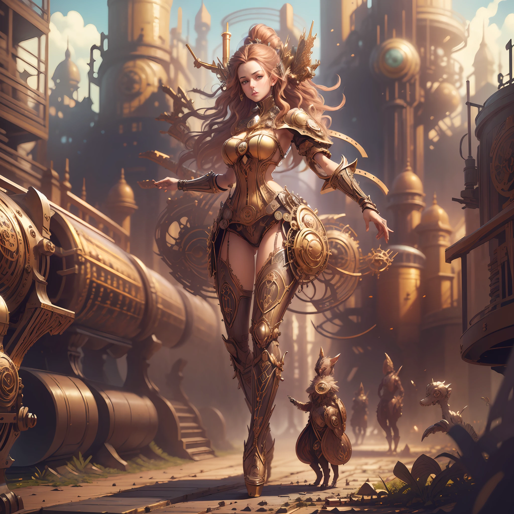 (masterpiece, superior quality, best quality, official art, beautiful and aesthetic:1.2), extremely detailed,colorful,more detailed ((ultra-detailed)), (highly detailed CG illustration), ((an extremely delicate and beautiful)), meccog, cog,looking at viewer, 1girl, solo, science fiction, full body,science fiction, hyper imaginary mega metropolis densely populated by steampunk style humanoid beings, (Victorian architecture+advanced technology), steam engines, (Victorian+horror clothing and style) in a horror, speculative fiction setting.