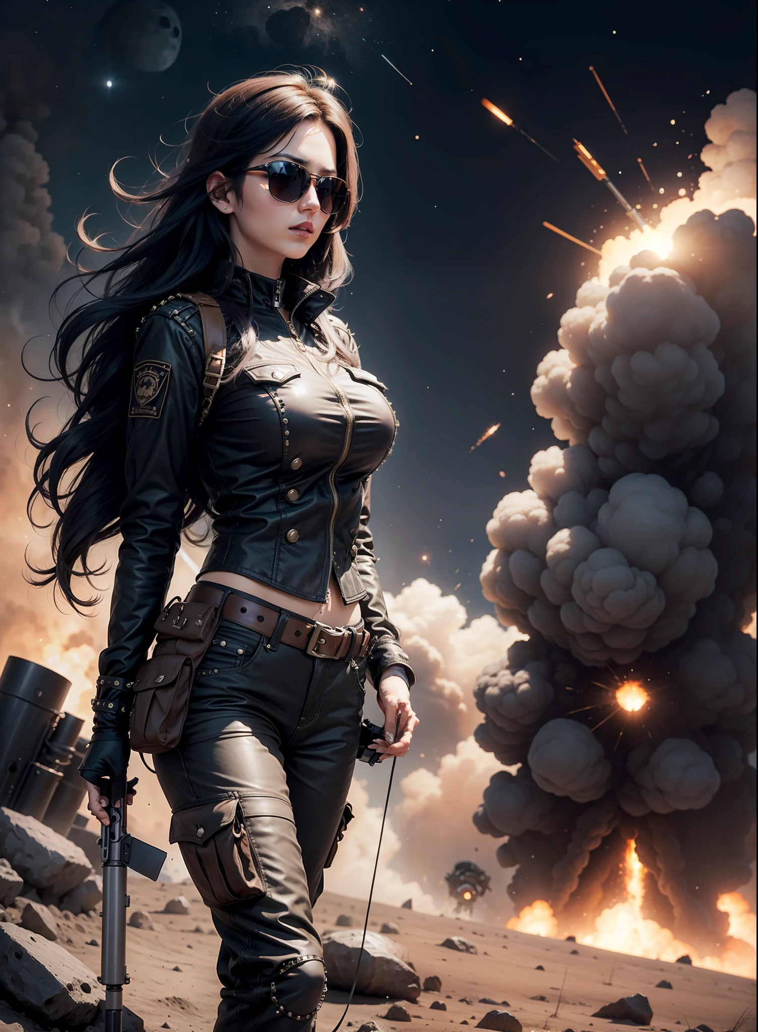Medium breasted woman, pants, rivets, holsters, big gun, long black hair, sunglasses, on the moon, explosions behind.