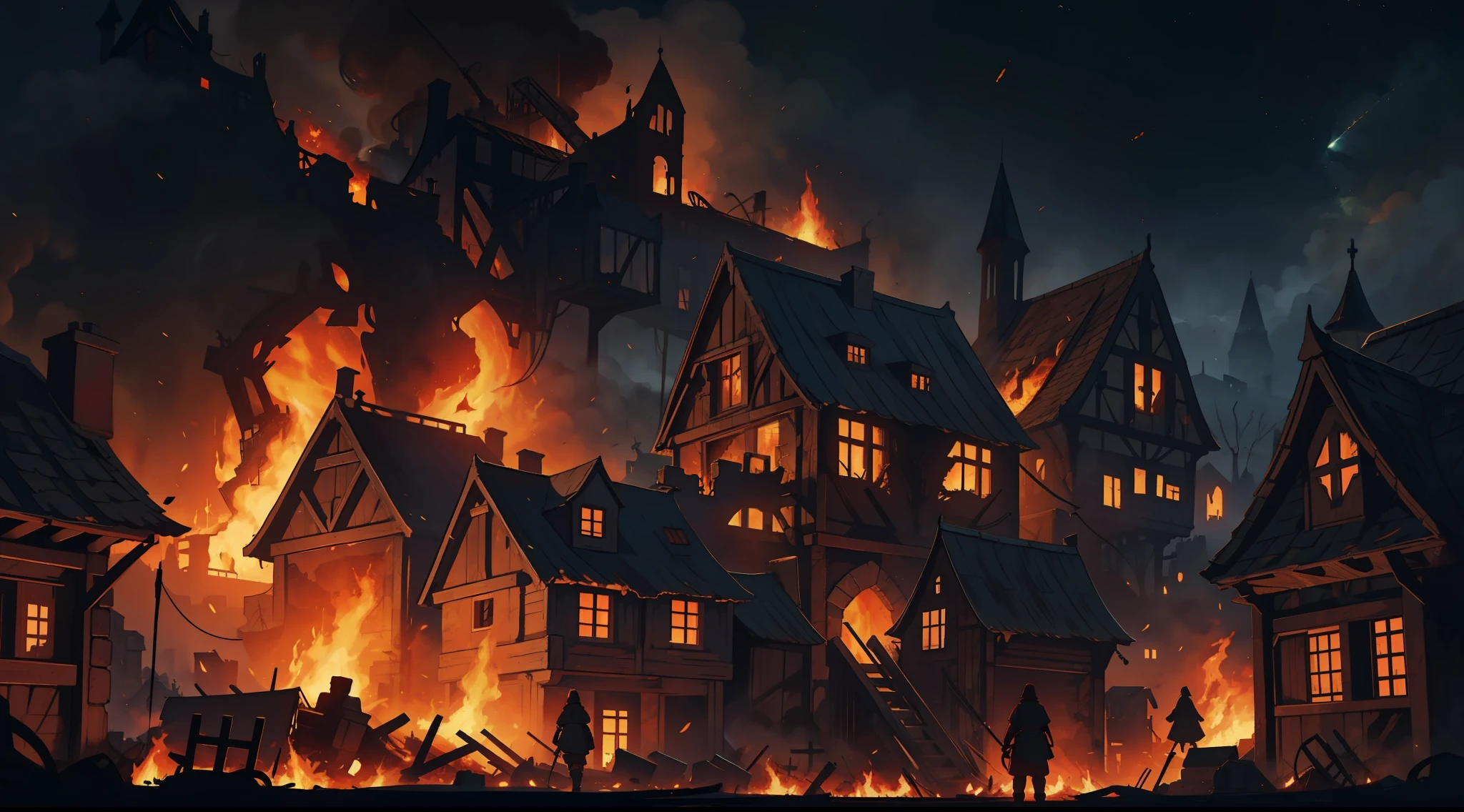 A medieval village on a dark night being destroyed, completely burned, flames in the houses, fire everywhere, a red army invading and destroying everything;