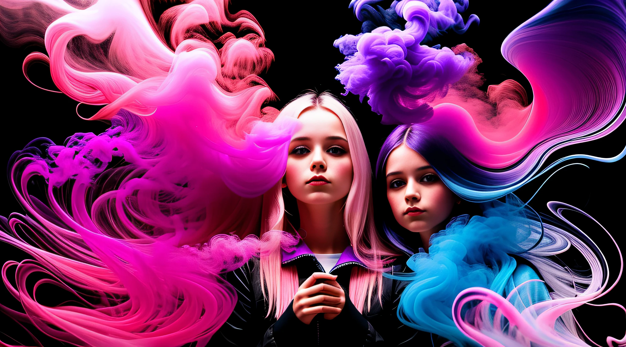 3 girls Russian children with 10 years old, WITH LONG STRAIGHT HAIR blonde, PORTRAIT STYLE, a closeup of a swirl of pink and blue smoke on a black background, fluid color smoke, neon abstract smoke, colored smoke, colored smoke, colored smoke, neon smoke, silenced neon smoke, colored smoke, multicolored smoke, silenced colored smoke,  smoke art, psychedelic smoke background, purple smoke, spinning smoke radiant colors, spinning colored smoke trails