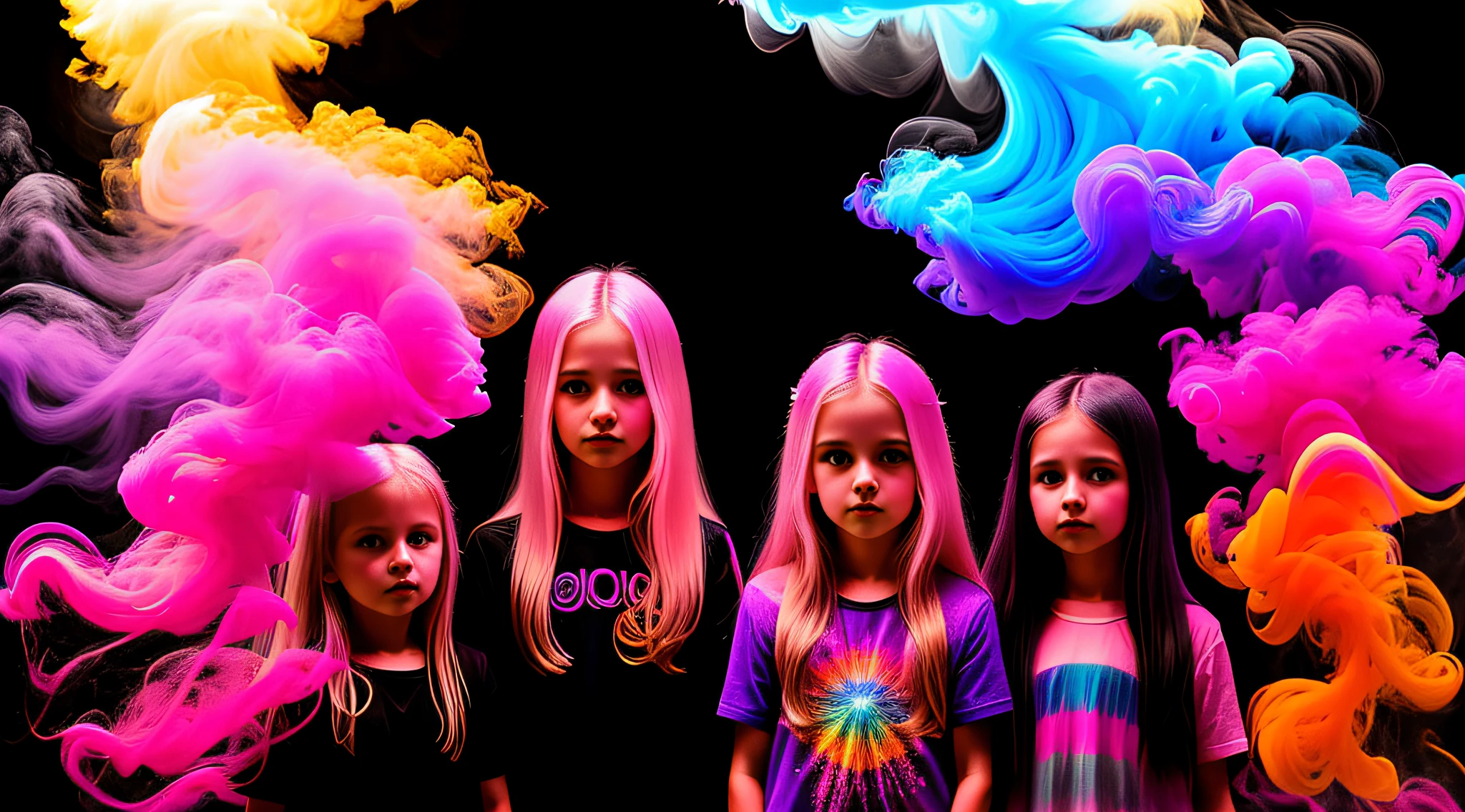 3 girls Russian children with , WITH LONG STRAIGHT HAIR blonde, PORTRAIT STYLE, a closeup of a swirl of pink and blue smoke on a black background, fluid color smoke, neon abstract smoke, colored smoke, colored smoke, colored smoke, neon smoke, silenced neon smoke, colored smoke, multicolored smoke, silenced colored smoke, smoke art, psychedelic smoke background, purple smoke, spinning smoke radiant colors, spinning colored smoke trails