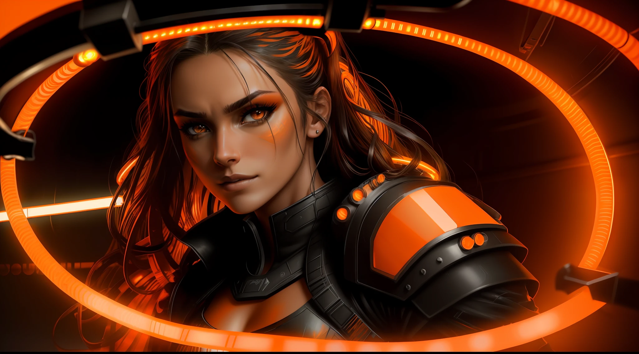 lexa, the 100, character, sci-fi, cinematic, realistic, cannon 6d, octane render, medium shot, in dark room, ((orange Fluorescent Ring Tube light source:1.5)), post-apocalyptic style, smoky eyes, ((combat make-up with black mascara along the eyes)), black leather trash armor, fierce, warrior, leader, commander, stoic, determined, intelligent, skilled, composed, dark-haired, strong, enigmatic, charismatic, regal, powerful, striking, confident, focused, beautiful, symmetrical, expressive, radiant, flawless, youthful, captivating, piercing eyes, defined cheekbones, soft features, graceful, enchanting smile, striking, alluring, natural, elegant, delicate, charming, photogenic