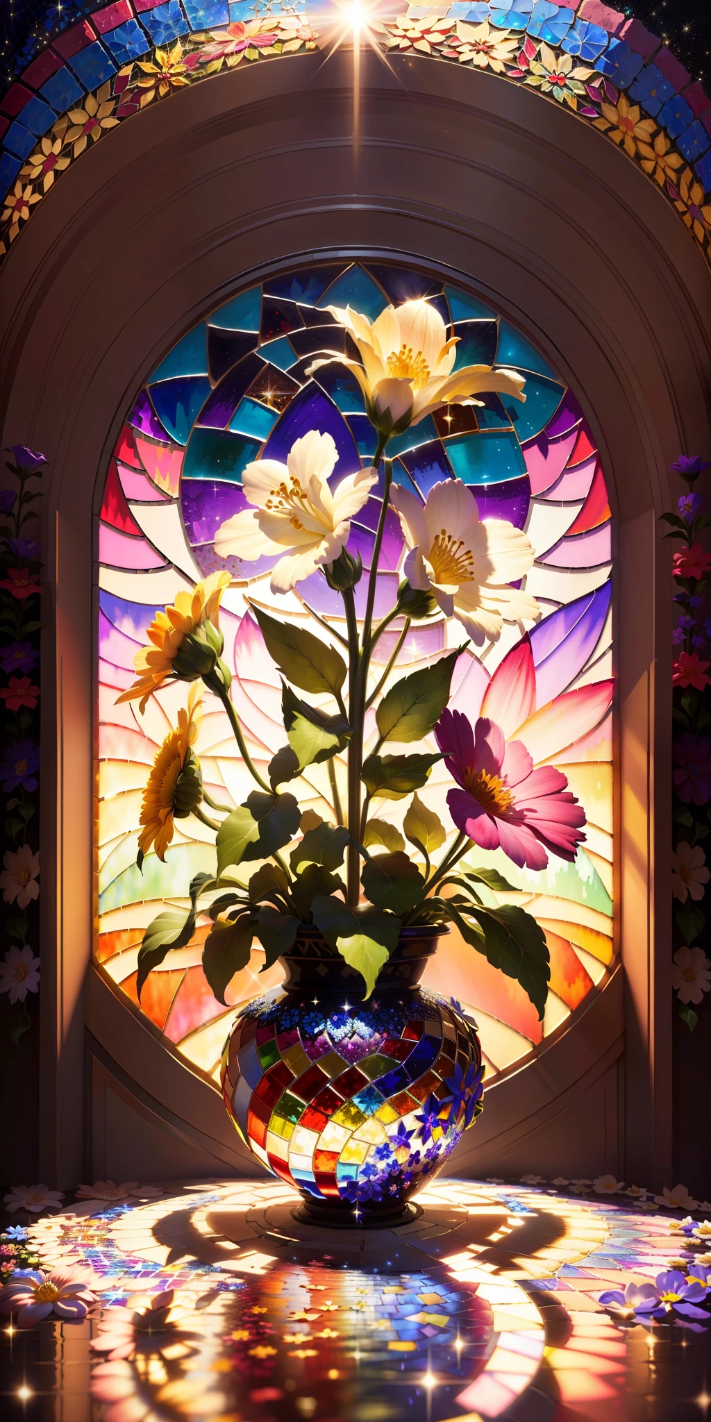Flower, smile, Surrealism, mosaic art, sparkle, backlighting, 8k, super detail