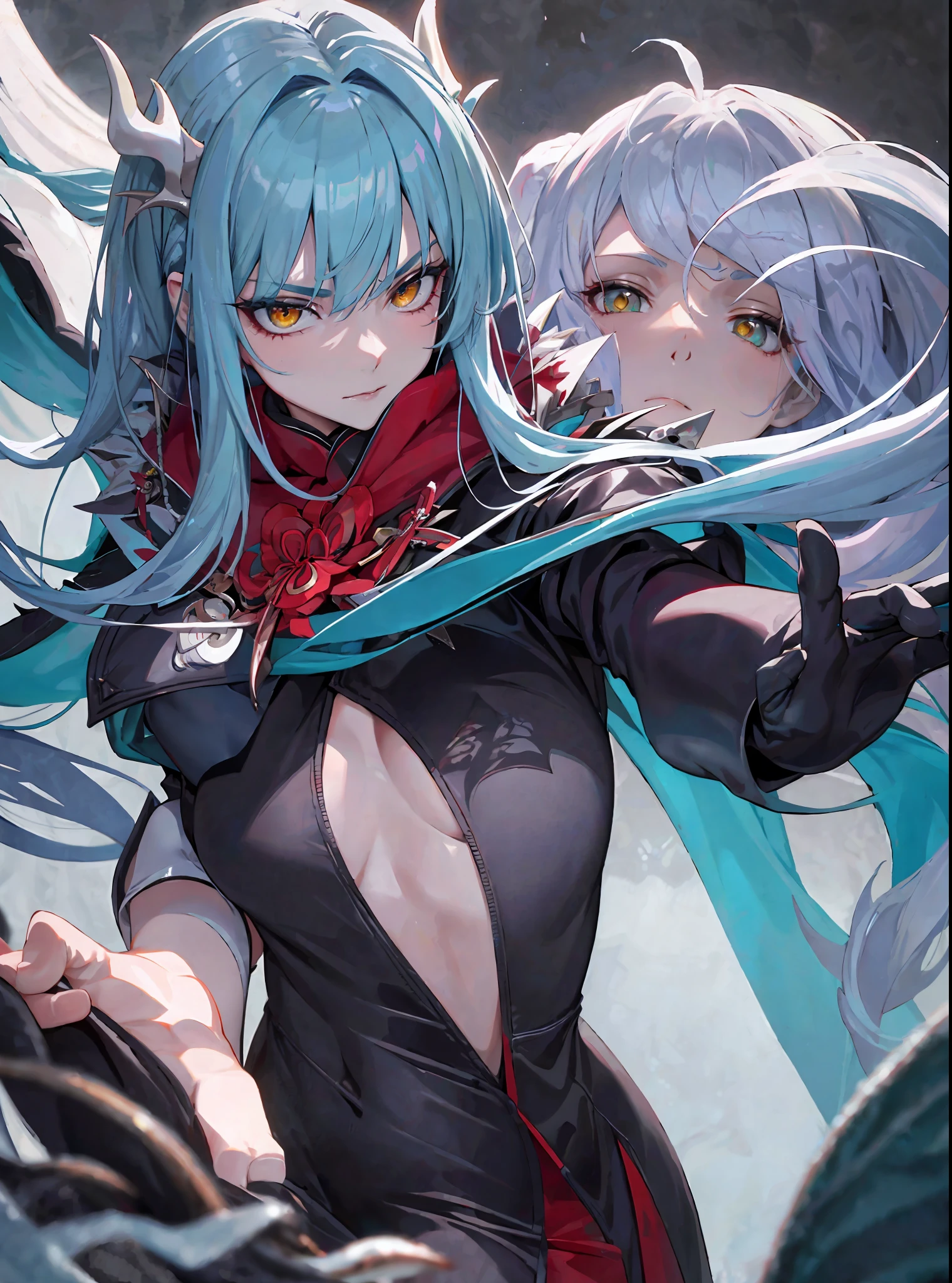 (masterpiece, best quality), close-up image, alone, an adult woman with very long gray hair, (((oriental wstyle clothing))), cape, ((teal clothes)), (((loose hair))), ((dragon skin)), red ribbon in hair, bare legs, ((dragon style)), bodysuit, queen, ((ice)), chains, good anatomy, ((hair with blue locks)), correct proportions, boots, bright colors, torn clothes, queen, green eyes, serious, mysterious appearance, blood, emotionless, palace, bangs straight, evil, (yellow eyes), gothic, medium chest, blood spikes, chest to head show, cinematics, oil painting color, solo, film lighting, extremely detailed face, finely detailed face, beautiful face, beautiful eyes, perfect lighting, depth of field, realistic proportions, good anatomy, long coat
