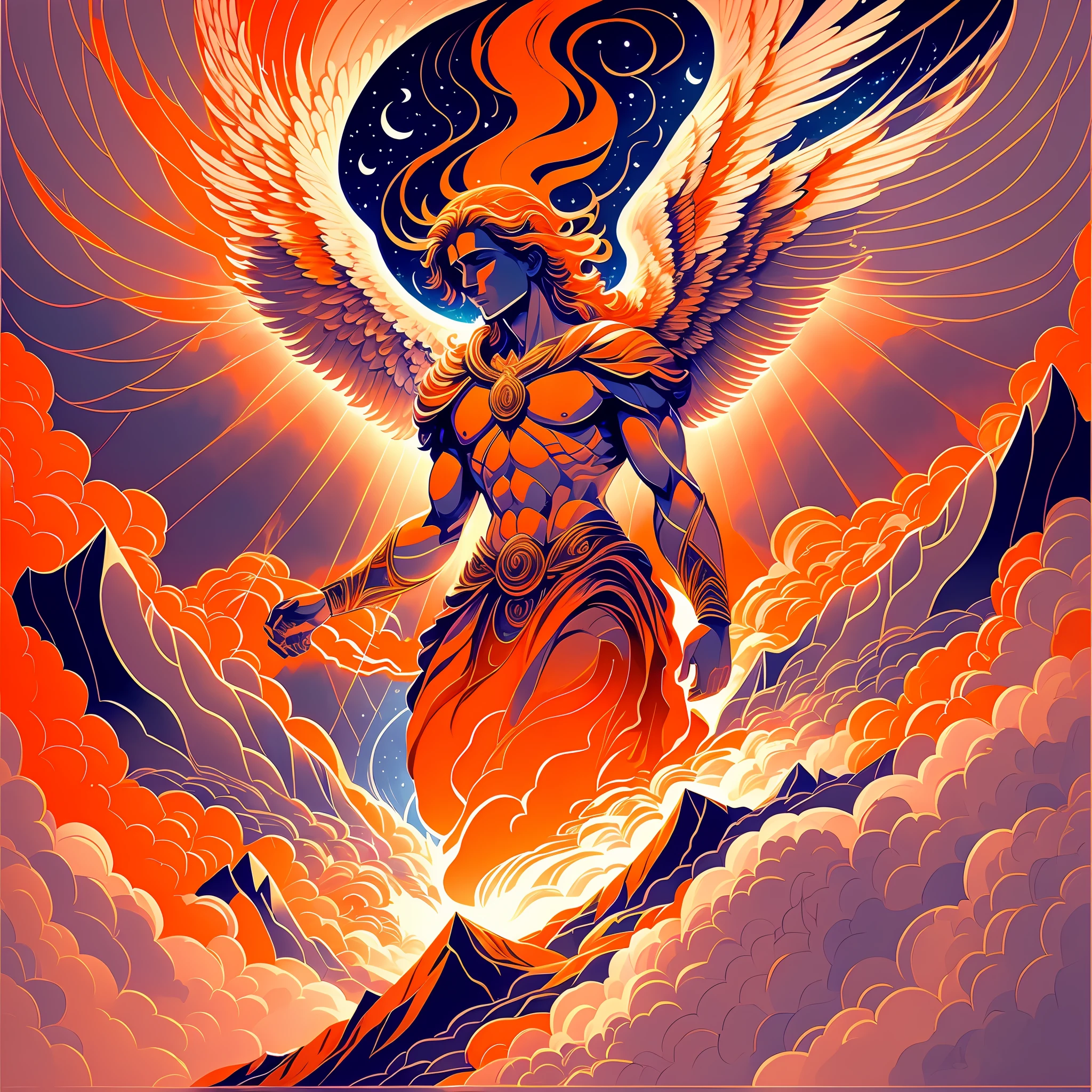 Angelic being without human affections, a creator being of the universe, mythology, In the background of the image, a scenario of heavenly mountains, orange clouds. The style of the image should be in comics, with strong and striking strokes, and mythological and angelic touches on the characters --auto --s2