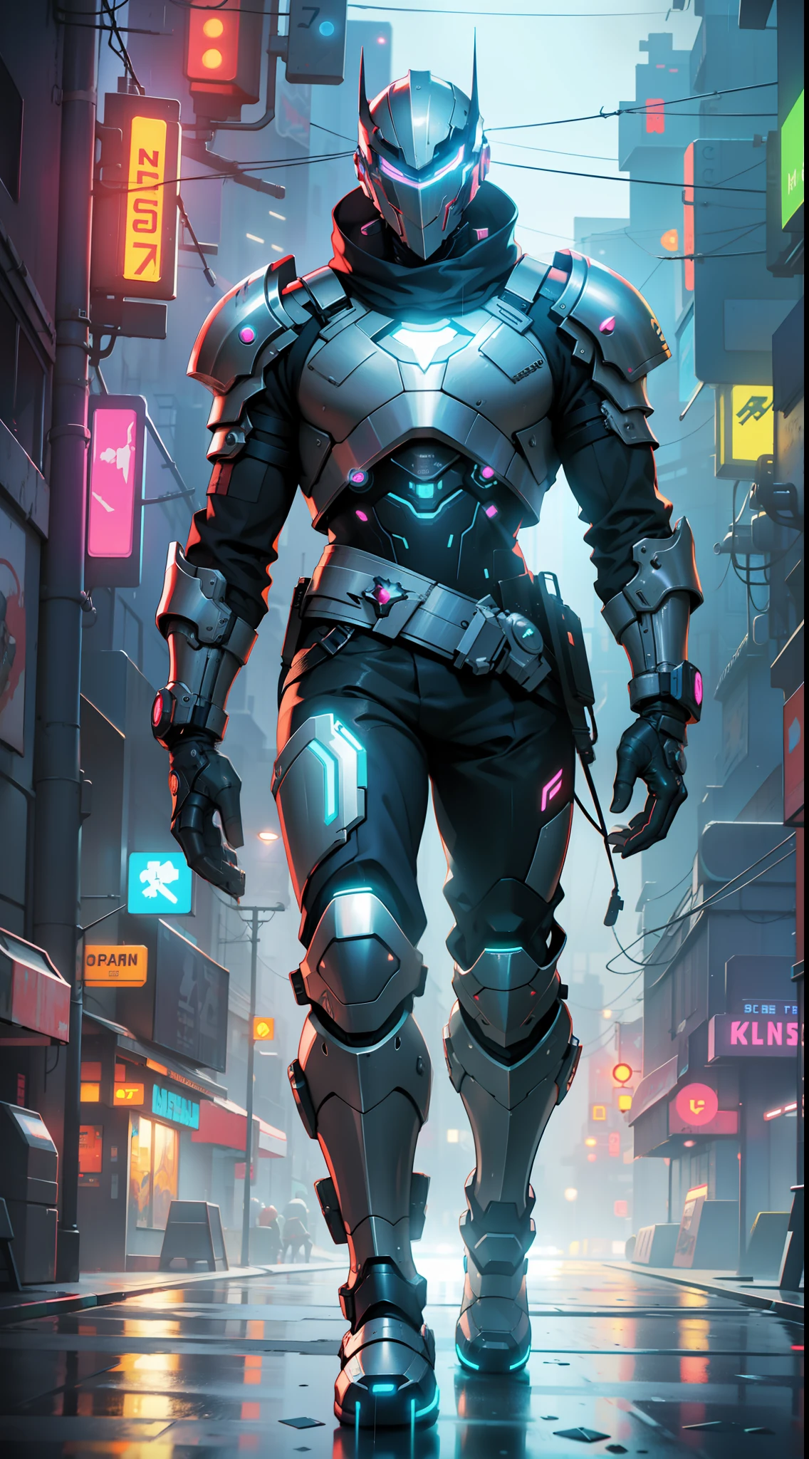 a futuristic cyperpunk full body knight wearing a glowing chrome T-shirt walking in a neon light cyberpunk city, octane render, rain