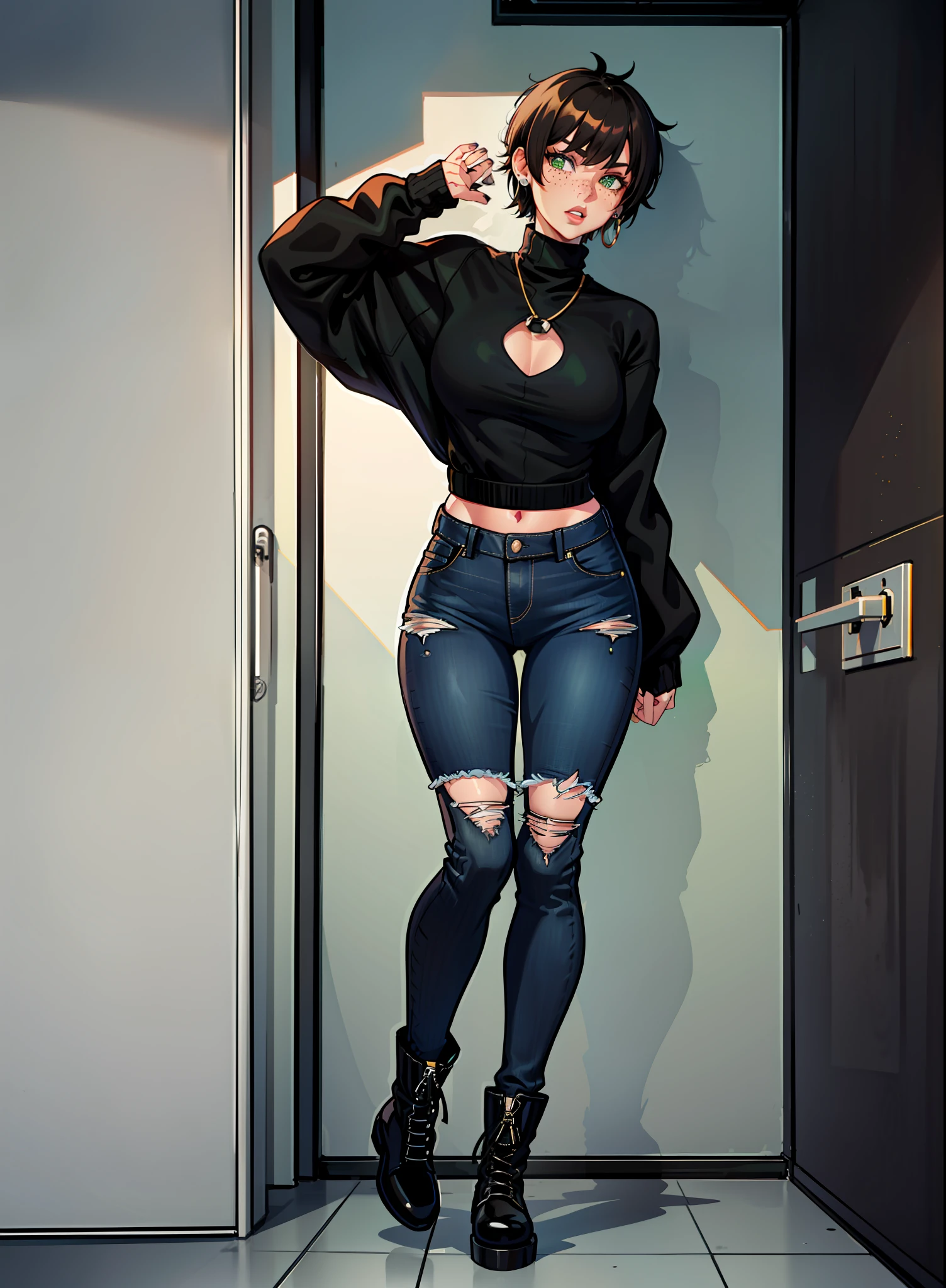 1woman, 1girl, solo woman, 1 person, single person, woman with a black baggy shirt and blue jeans, full body portrait, girl fanart, !!full body portrait!!, fullbody portrait, full body character portrait, full-body character portrait, detailed full body portrait, character full body portrait, full body illustration, anime full body illustration, anime style character, short brown hair, combat boots, green eyes, Black sweater, freckles, hoop earings, loose sweater, baggy sweater, color black, ((Oversized sweater)) ((no item in hands)) ((Black sweater)) ((Black clothing)) ((BROWN HAIR)) ((SHORT HAIR)) ((LEWD)) ((naughty)) ((Showing skin)) ((jeans)) ((Showing chest))