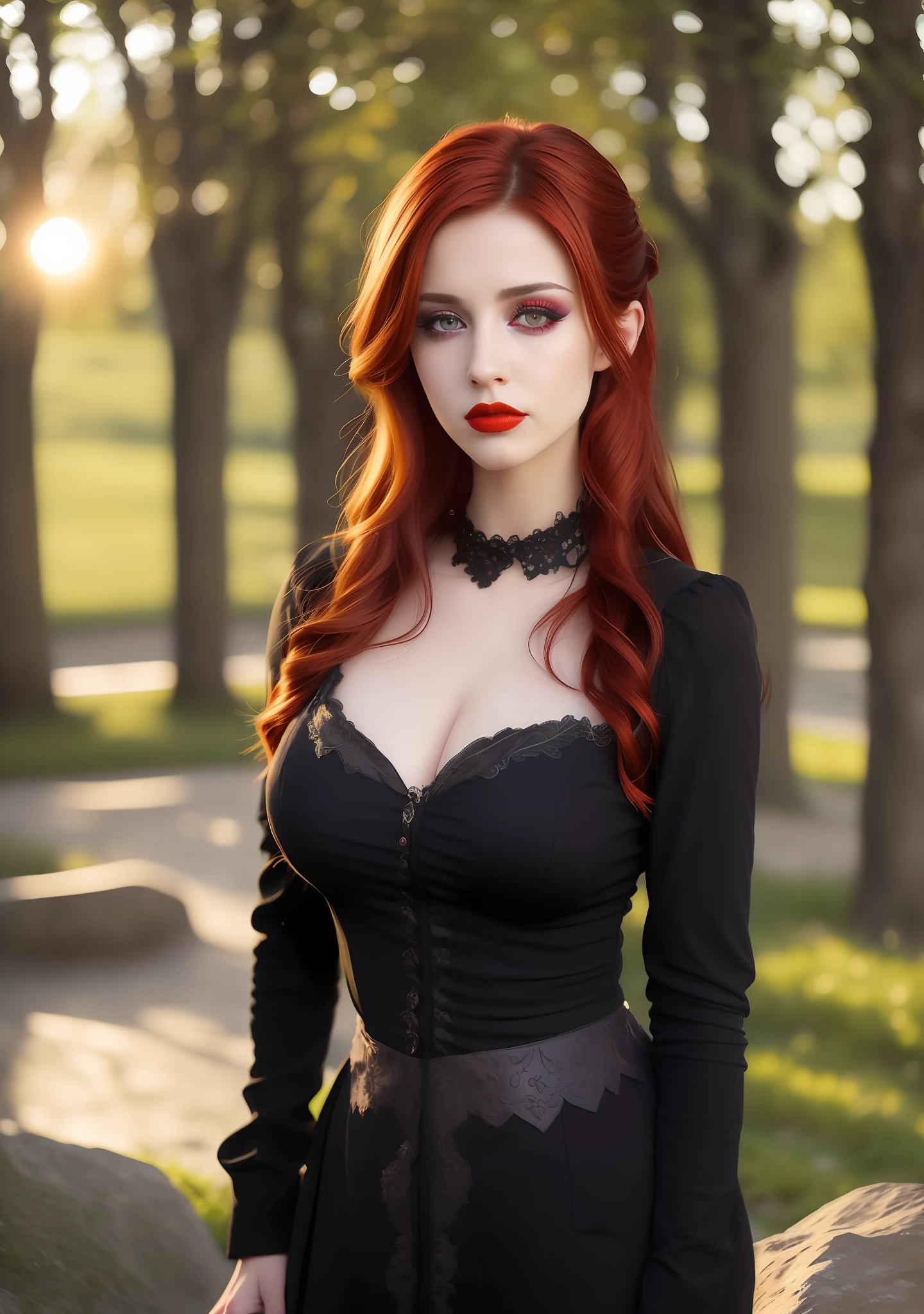 portrait, attractive young woman, MirKer, (handsome face:1.1), detailed eyes, lush lips, (eye makeup:1.2), (large breasts:1.0), (tight body:1.2), (black and red hair:1.2), wearing (gothic langerie:1.2) in (stone and trees:1.2). (morning sun illumination: 1.2), depth of field, bokeh, 4K, HDR. by (James C. Christensen:1.2| Jeremy Lipking:1.1).