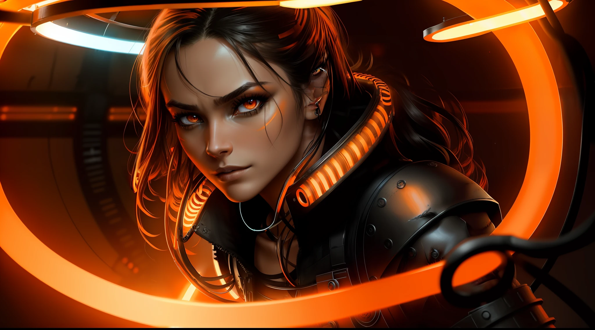 lexa, the 100, character, sci-fi, cinematic, realistic, cannon 6d, octane render, medium shot, in dark room, ((orange Fluorescent Ring Tube light source:1.5)), post-apocalyptic style, smoky eyes, ((combat make-up with black mascara along the eyes)), black leather trash armor, fierce, warrior, leader, commander, stoic, determined, intelligent, skilled, composed, dark-haired, strong, enigmatic, charismatic, regal, powerful, striking, confident, focused, beautiful, symmetrical, expressive, radiant, flawless, youthful, captivating, piercing eyes, defined cheekbones, soft features, graceful, enchanting smile, striking, alluring, natural, elegant, delicate, charming, photogenic